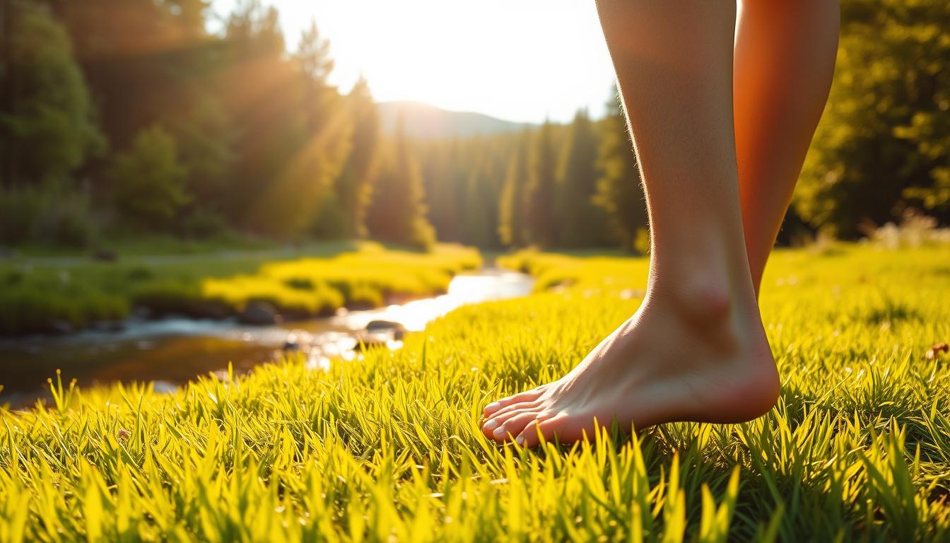 A lush, serene meadow bathed in warm, golden sunlight. In the foreground, a person's bare feet gently press against the verdant, vibrant grass, their soles embracing the earth's natural energy. The middle ground reveals a tranquil stream, its crystal-clear waters reflecting the surrounding landscape. In the distance, a forest of towering, verdant trees stands as a silent witness to the restorative connection between the human and the earth. The atmosphere exudes a sense of grounding, balance, and profound healing, inviting the viewer to experience the restorative power of walking barefoot on nature's embrace.