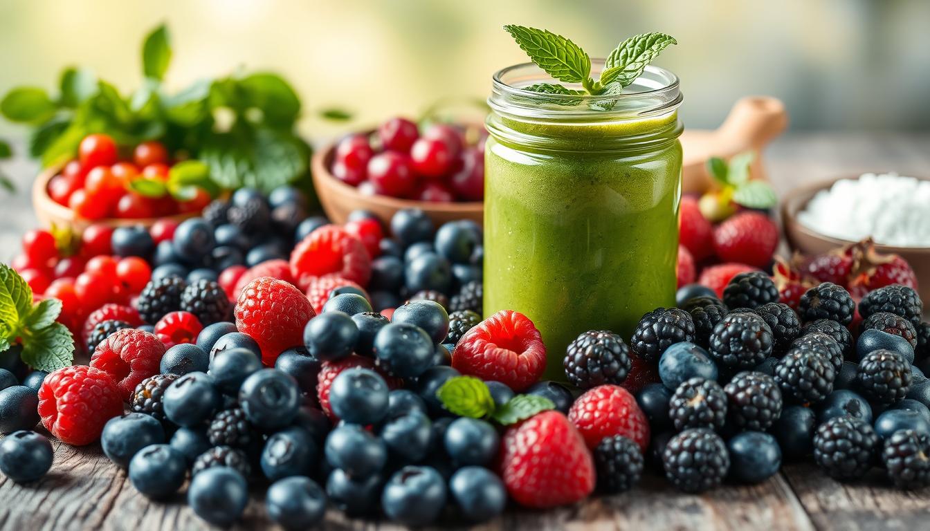 A lush still life composition set in natural daylight, showcasing a vibrant array of berries and superfood ingredients. In the foreground, plump blueberries, raspberries, and blackberries spill across a rustic wooden surface. Surrounding them, an assortment of nutrient-dense superfoods such as goji berries, acai, and spirulina powder. In the middle ground, a glass jar filled with a vibrant green smoothie, garnished with a sprig of fresh mint. The background features a soft, out-of-focus backdrop, hinting at a serene, natural setting. The overall mood is one of health, vitality, and the bounty of nature.