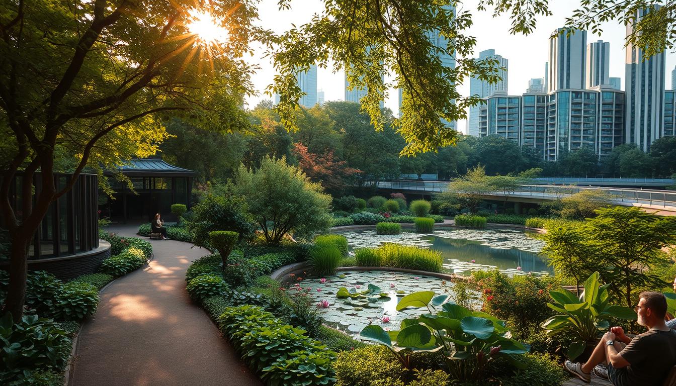 A lush urban oasis, a serene green haven amidst the concrete jungle. In the foreground, a winding path leads through a carefully curated garden, bursting with vibrant flora and fauna. Overhead, a canopy of verdant trees filters the warm, golden sunlight, casting a gentle, calming glow. In the middle ground, a tranquil pond reflects the surrounding greenery, its surface dotted with floating lotus blossoms. People sit on benches, their faces relaxed, as they immerse themselves in the restorative power of nature. The background is a cityscape of sleek, modern buildings, a subtle reminder of the contrast between the natural and the man-made. The scene exudes a sense of balance, harmony, and the therapeutic power of integrating nature into urban environments.