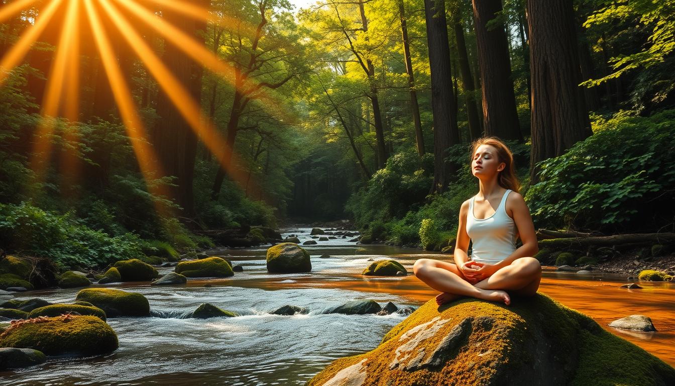 A lush, verdant forest with beams of warm, golden sunlight filtering through the canopy. In the foreground, a person sits cross-legged on a mossy rock, eyes closed, hands resting gently on their lap, exuding a sense of tranquility and inner peace. The middle ground features a babbling brook, its crystal-clear waters reflecting the vibrant greens and browns of the surrounding foliage. In the background, towering trees stretch towards the sky, their branches swaying gently in a light breeze. The overall atmosphere is one of serene, rejuvenating energy, showcasing the restorative power of immersion in nature.