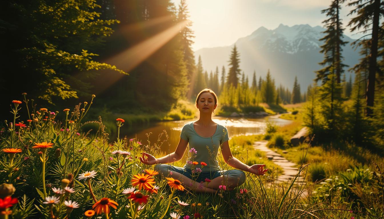 A lush, verdant forest with sunbeams filtering through the canopy, casting a warm, golden glow on a tranquil pond. In the foreground, a person sits in a meditative pose, eyes closed, their face radiating a sense of inner peace and well-being. Surrounding them, a variety of vibrant wildflowers and herbs bloom, creating a harmonious and restorative natural sanctuary. The middle ground features a winding path leading deeper into the woods, suggesting a journey of exploration and self-discovery. In the background, towering mountains rise, their snow-capped peaks touching the horizon, conveying a sense of timeless, holistic wellness.