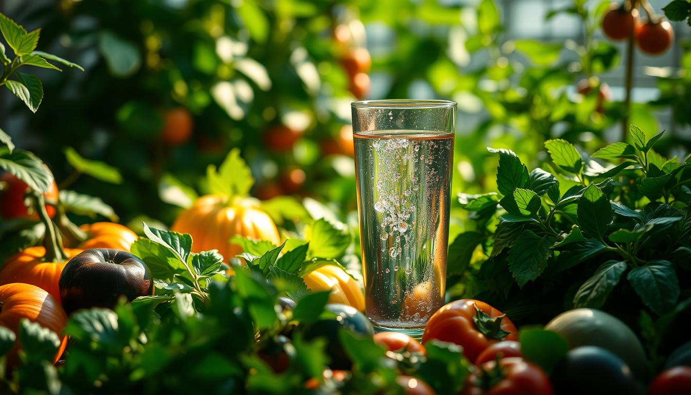 A lush, verdant kitchen garden, illuminated by soft, natural lighting. In the foreground, an array of freshly harvested fruits and vegetables, their vibrant colors and textures inviting closer inspection. In the middle ground, a glass of crystal-clear water, beads of condensation glistening on its surface, symbolizing the importance of hydration. The background features a serene, minimalist setting, allowing the focus to remain on the nourishing elements. The overall mood is one of mindfulness, simplicity, and a appreciation for the natural world.