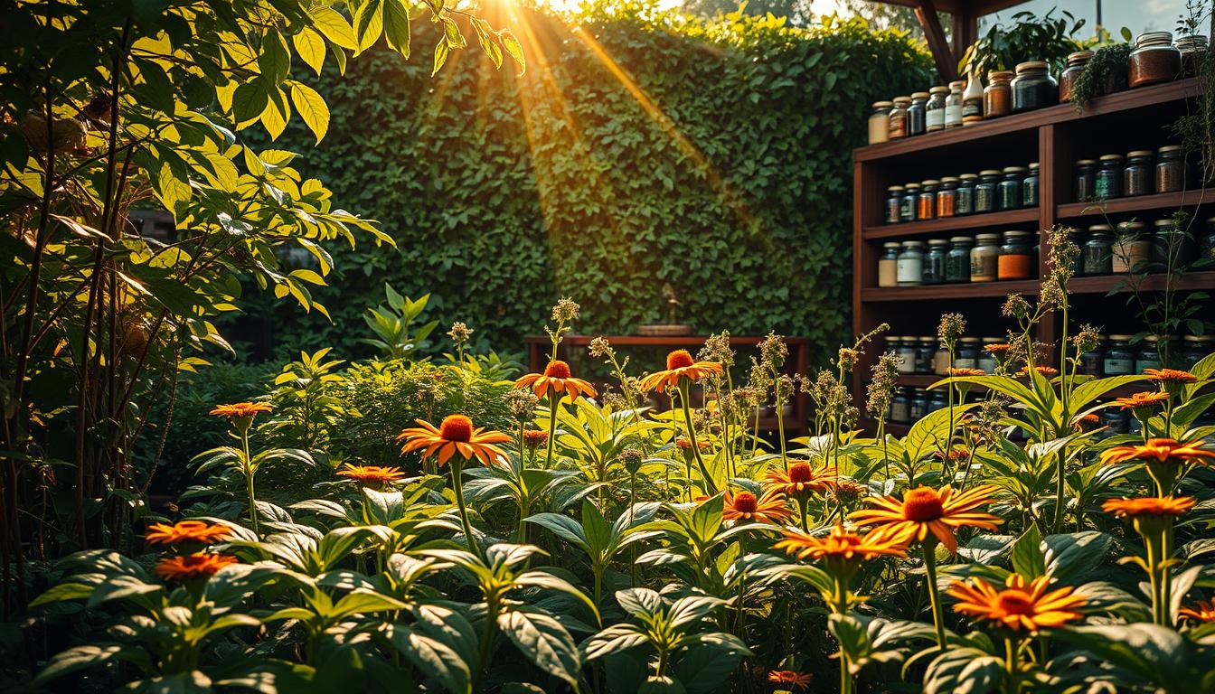 A lush, verdant landscape bathed in warm, golden sunlight. In the foreground, a diverse array of thriving medicinal plants - ginger, turmeric, echinacea, and more - their leaves glistening with dew. Gentle rays of light filter through the canopy, casting a soft, healing glow over the scene. In the middle ground, a traditional apothecary's workspace, wooden shelves laden with jars of herbal tinctures and powders. Behind, a wall of verdant foliage, hinting at the boundless potential of plant-based remedies. The overall mood is one of vitality, balance, and the restorative power of nature.