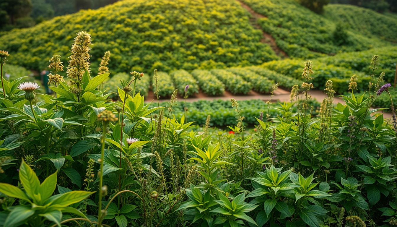 A lush, verdant landscape dotted with thriving, vibrant medicinal plants. In the foreground, a variety of leafy greens, herbs, and flowering plants sway gently in a soft, natural light. The middle ground features a small, well-tended garden, with rows of healthy, thriving plants. In the background, a rolling, rolling hill covered in a diverse array of medicinal flora, bathed in a warm, golden glow. The scene conveys a sense of harmony, sustainability, and the abundant potential of plant-based medicine to benefit both human health and the environment.