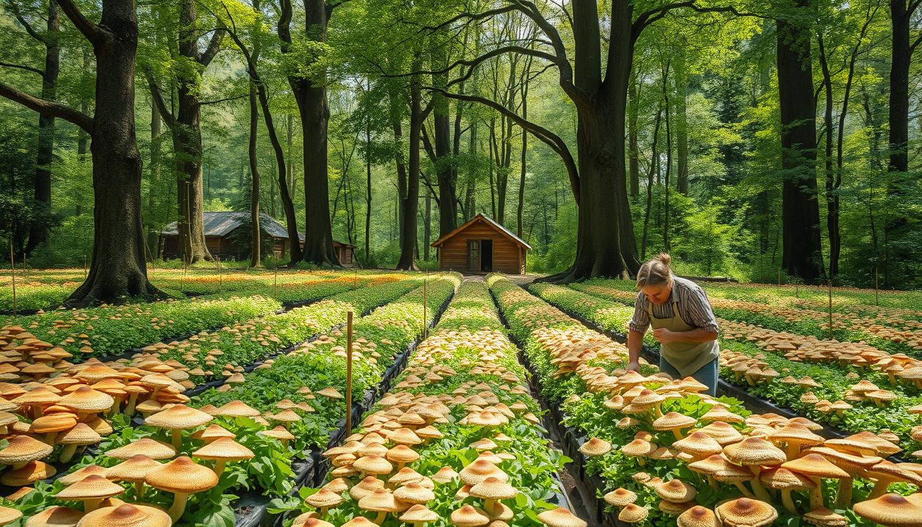 A lush, verdant mushroom farm nestled in a serene forest glade. Towering trees cast dappled sunlight upon neatly arranged rows of diverse mushroom varieties, their caps unfurling in shades of earthy browns, delicate whites, and vibrant reds. In the foreground, a skilled farmer carefully tends to the beds, their movements graceful and practiced. The air is thick with the earthy, umami scent of the mushrooms, and a sense of harmony pervades the scene. In the background, a small, sustainably-built mushroom house stands, its design blending seamlessly with the natural surroundings. The overall atmosphere is one of vibrant, restorative abundance, showcasing the potential of mushrooms as a sustainable, nutritious superfood.