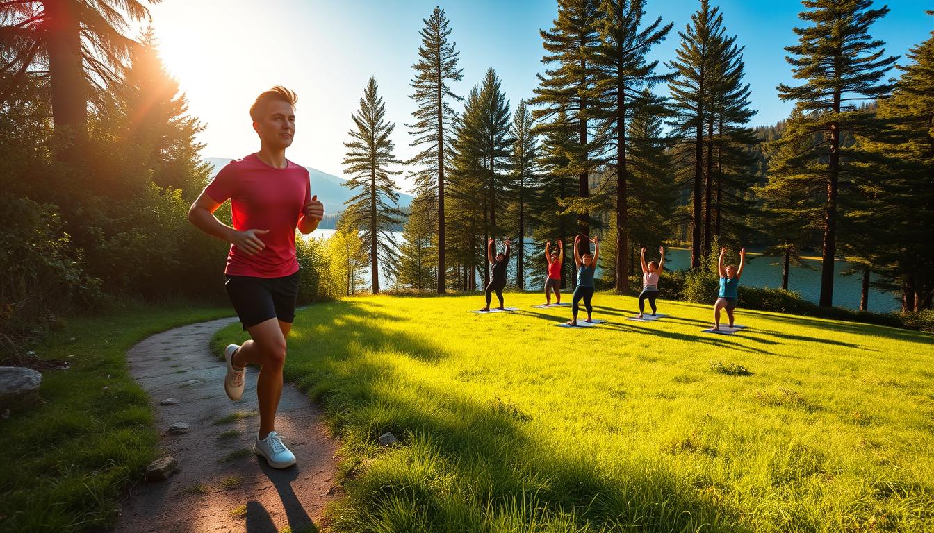 A lush, verdant outdoor scene with a focus on various fitness activities. In the foreground, a person jogging on a winding trail, their body silhouetted against the sun's warm glow. In the middle ground, a group of people doing yoga and stretching on a grassy knoll, their movements fluid and vibrant. In the background, towering pine trees and a serene lake, the water reflecting the vibrant blue sky above. The overall atmosphere is one of energy, vitality, and the invigorating power of nature. Lighting is natural and warm, with a lens that captures the scene in a wide, panoramic view.
