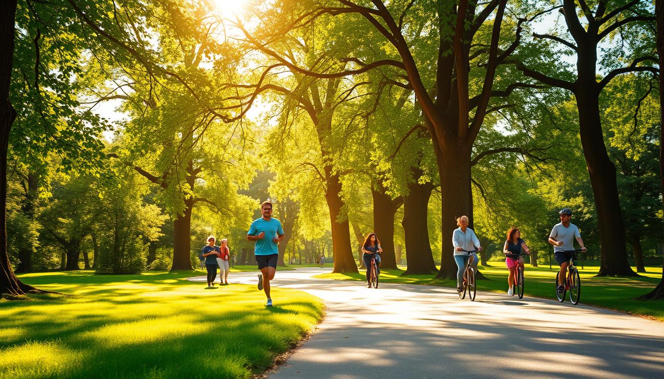 A lush, verdant park under the warm glow of the morning sun. The path winds through towering trees, their branches casting dappled shadows on the ground below. In the foreground, a jogger strides confidently, their body in motion, radiating health and vitality. In the middle ground, a group of friends amble along, engaged in lively conversation as they bask in the vibrant, revitalizing atmosphere. In the distance, a family cycles past, their faces alight with joy. The air is crisp and clean, invigorating the senses and uplifting the spirit. This idyllic, vibrant scene captures the profound health benefits of immersing oneself in nature through a morning park walk.