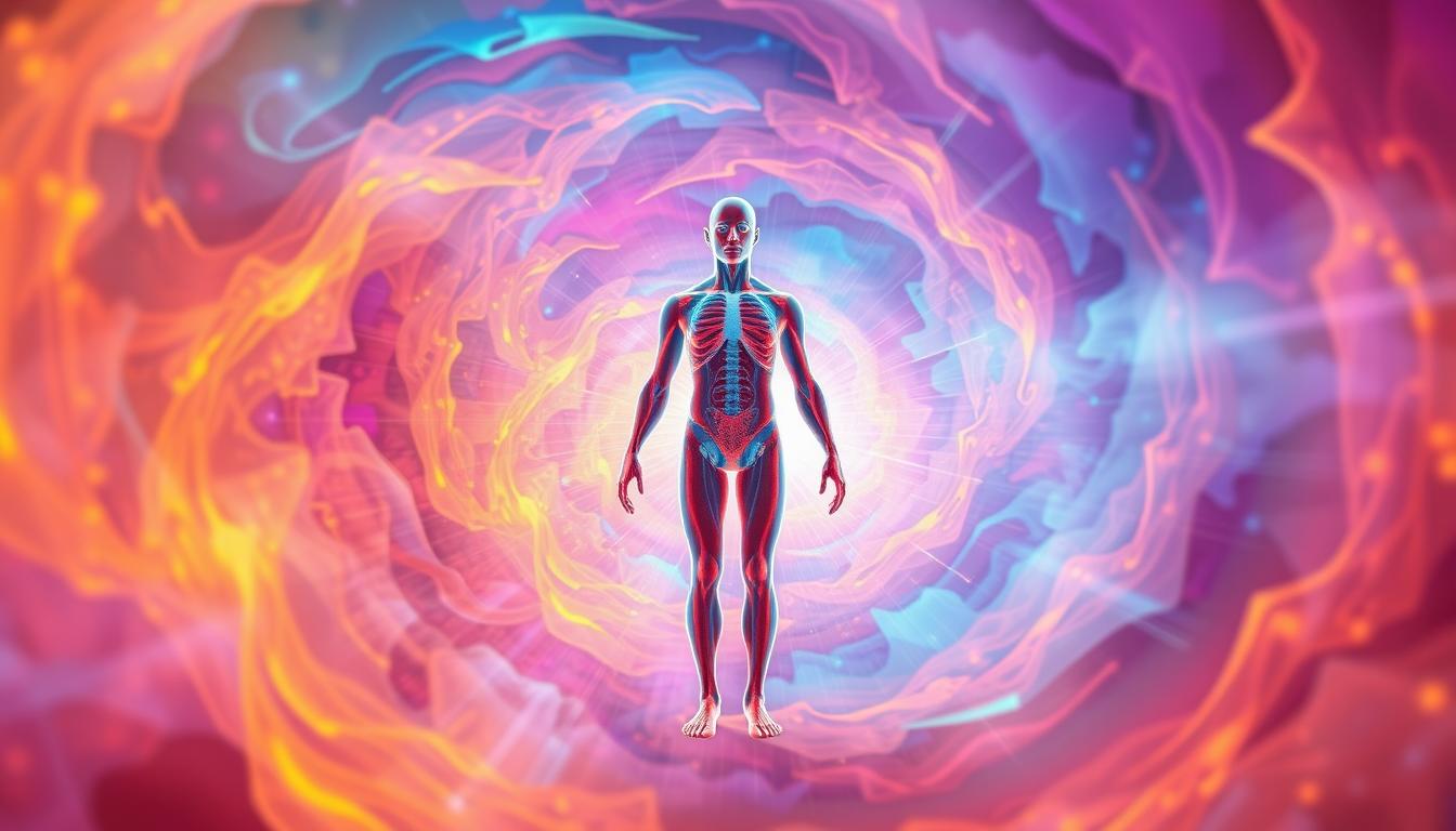 A metabolically-adapting human figure, semi-transparent, stands in the center of a vibrant, swirling vortex of colors. Warm hues of orange, red, and yellow intermingle with cool blues and purples, creating a dynamic, almost electric atmosphere. The figure appears to be in a state of flux, their limbs blending seamlessly into the surrounding energy field. Beams of light radiate outward, suggesting a process of transformation and renewal. The overall composition conveys a sense of the complex, ever-changing nature of metabolic adaptation, as the body responds and adapts to fluctuations in carbohydrate intake.