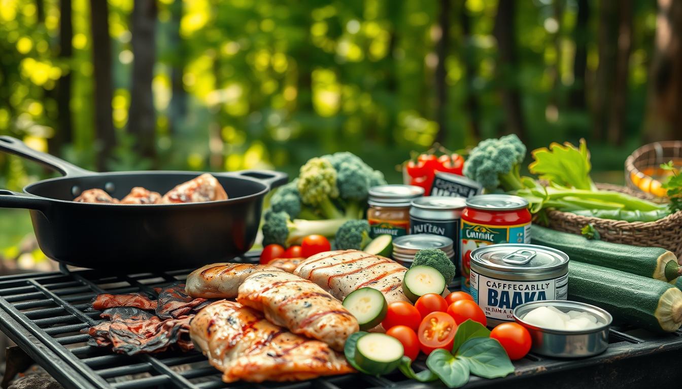 A meticulously arranged still life showcasing the essential low-carb camping food items. In the foreground, a cast iron skillet sits atop a grill grate, surrounded by lean protein sources like grilled chicken thighs, grass-fed beef jerky, and canned tuna. In the middle ground, a variety of nutrient-dense vegetables - broccoli florets, zucchini slices, and cherry tomatoes - are neatly organized. The background features a vibrant forest backdrop, with dappled sunlight filtering through the lush foliage. The overall composition exudes a sense of rustic, outdoor adventure, with a focus on wholesome, low-carb sustenance.