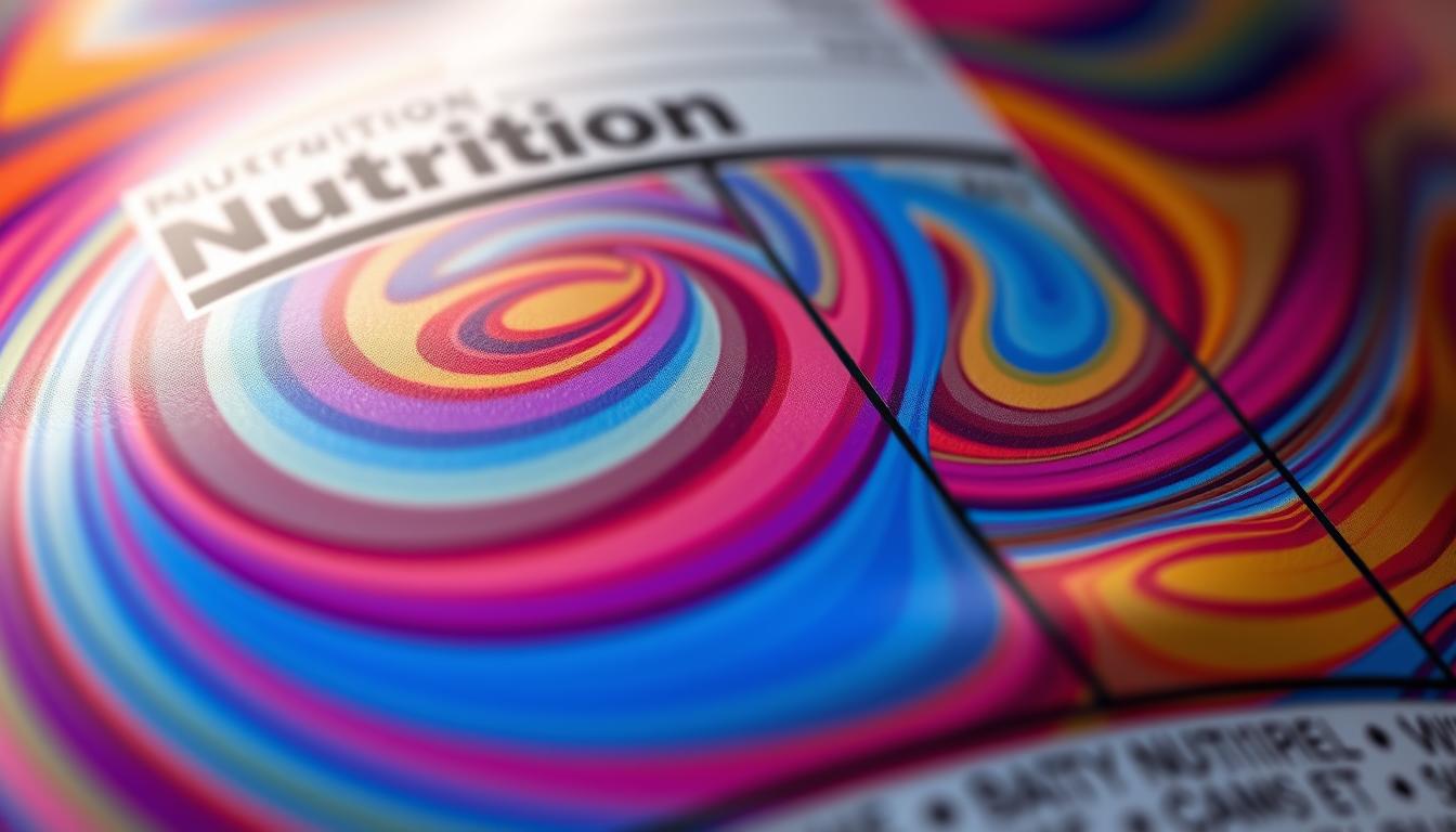 A meticulously detailed close-up of a FDA-compliant nutrition label, bathed in vibrant, swirling colors that draw the eye to the key elements. The label's crisp, clean design is highlighted by warm, directional lighting that casts subtle shadows, emphasizing the label's structure and information hierarchy. The composition focuses on the label's core details - nutrient breakdown, ingredient list, and serving size - presented in a visually engaging manner that invites the viewer to closely examine and analyze the data.