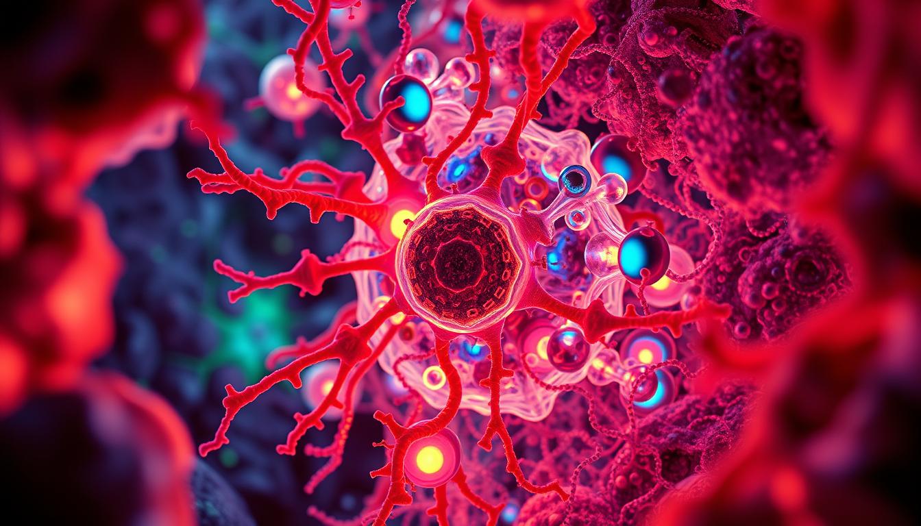 A microscopic world of intricate cellular machinery, illuminated by vivid, vibrant hues. At the center, a complex network of membranes and organelles, the autophagy process in full motion. Mitochondria, the powerhouses, engage in a dance of destruction and renewal, recycling worn-out components to fuel the cell's energy demands. Vesicles, like tiny cargo ships, transport cellular waste to be broken down and repurposed. All framed by a backdrop of rich, textured cellular structures, pulsing with the rhythm of life. A captivating, cinematic perspective on the body's remarkable self-cleaning system, ready to illustrate the wonders of longevity. A microscopic world of intricate cellular machinery, illuminated by vivid, vibrant hues. At the center, a complex network of membranes and organelles, the autophagy process in full motion. Mitochondria, the powerhouses, engage in a dance of destruction and renewal, recycling worn-out components to fuel the cell's energy demands. Vesicles, like tiny cargo ships, transport cellular waste to be broken down and repurposed. All framed by a backdrop of rich, textured cellular structures, pulsing with the rhythm of life. A captivating, cinematic perspective on the body's remarkable self-cleaning system, ready to illustrate the wonders of longevity.