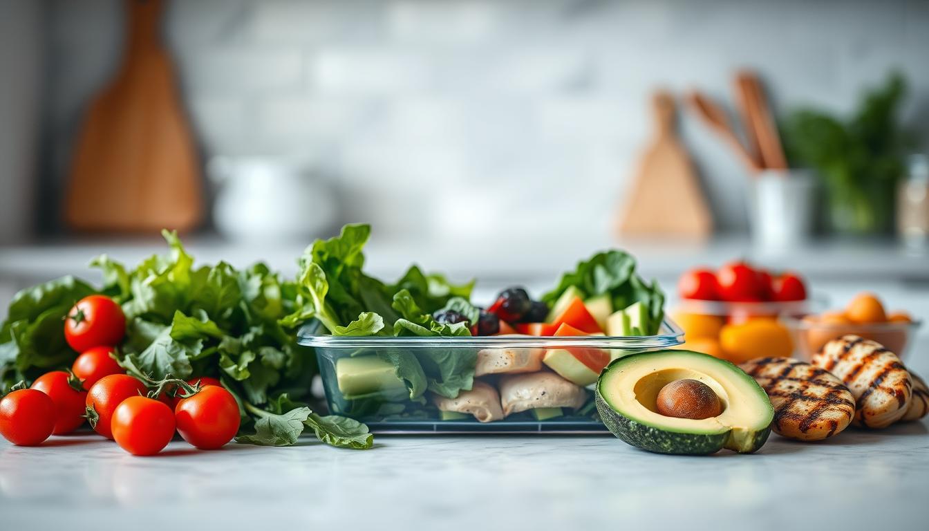 A minimalist kitchen countertop bathed in soft, natural lighting. In the foreground, an assortment of low-carb ingredients - crisp leafy greens, juicy cherry tomatoes, creamy avocado slices, and tender grilled chicken breasts. The middle ground showcases a simple, fuss-free meal prep container, its contents arranged in a visually appealing manner. In the background, a blurred, vibrant swirl of colors evokes a sense of healthy, low-effort culinary inspiration. The overall scene conveys a mood of effortless, budget-friendly, and nutritious keto-friendly meal preparation.