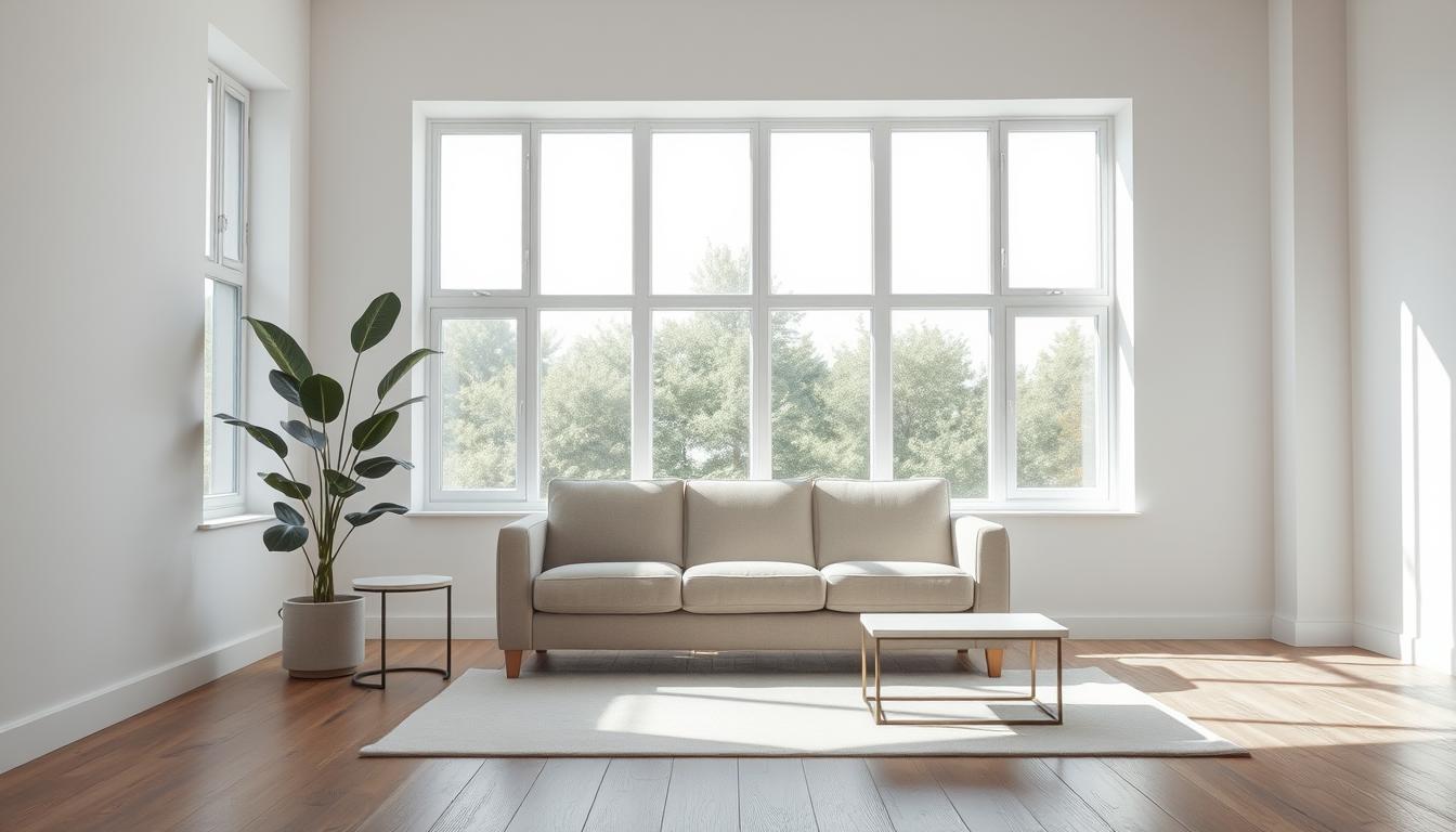A minimalist lifestyle philosophy portrayed through a serene, well-lit interior. A clean, uncluttered living space with large windows allowing natural light to pour in, creating a sense of openness and tranquility. A simple, high-quality sofa or armchair in a neutral tone takes center stage, flanked by a sleek, minimalist side table and a potted plant. The background features muted, earthy tones, with bare wooden floors and white walls, emphasizing the simplicity and calmness of the scene. The overall mood is vibrant, calming, and reflective, conveying the power of minimalism to bring clarity and serenity to one's life.