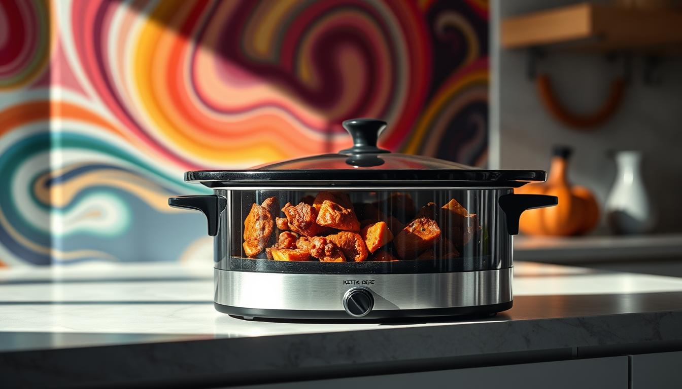 A modern, minimalist kitchen counter showcases a slow cooker filled with a hearty keto-friendly meal. Soft shadows highlight the mouthwatering textures of the dish, while vibrant swirling colors in the background create a sense of energy and appetite appeal. The scene is bathed in warm, natural lighting, lending a cozy, inviting atmosphere. The camera angle is slightly elevated, giving the viewer an enticing glimpse of the tempting, effortless keto meal simmering to perfection.