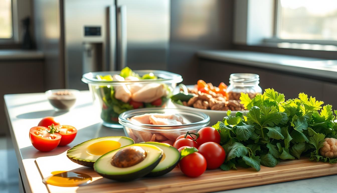 A modern, minimalist kitchen countertop with an assortment of fresh, colorful vegetables, lean proteins, and healthy fats. Sunlight streams through large windows, casting a warm glow on the scene. In the foreground, a cutting board with sliced avocado, tomatoes, and a drizzle of olive oil. In the middle ground, a glass container filled with marinated chicken breasts, a bowl of mixed greens, and a jar of nuts. The background features a sleek, stainless steel appliance, creating a polished, high-end atmosphere. The overall mood is one of vibrant, health-conscious meal preparation, with a focus on low-carb, nutrient-dense ingredients.