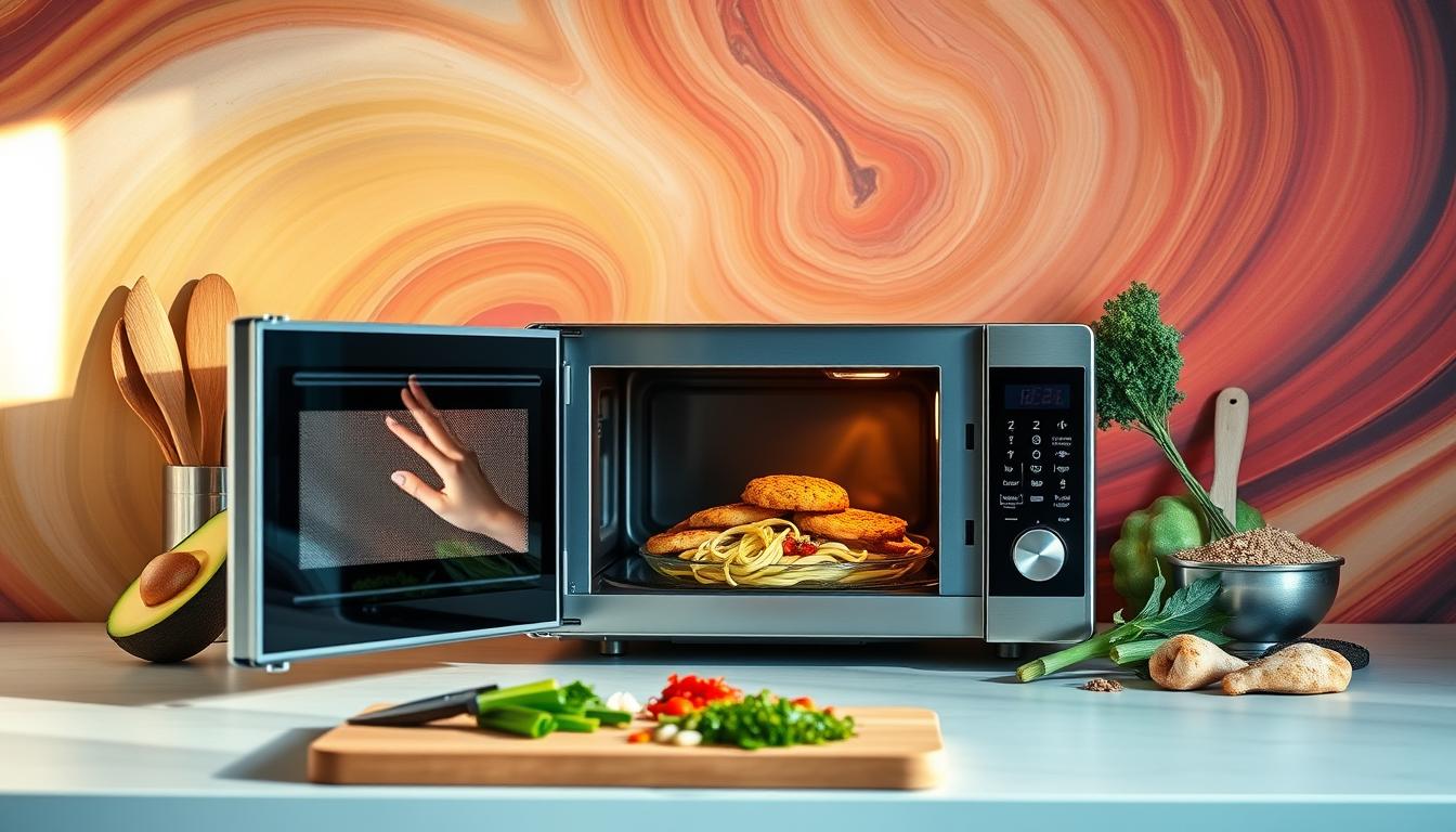 A modern, minimalist kitchen with a sleek microwave in the foreground, displaying a variety of keto-friendly meals. The microwave is surrounded by an assortment of low-carb ingredients, such as avocado, zucchini noodles, and grilled chicken. The lighting is soft and natural, creating a warm, inviting atmosphere. In the middle ground, a cutting board with various herbs and spices, while the background features a vibrant, swirling pattern of earthy, muted tones, reflecting the wholesome, nutritious nature of the keto dishes.