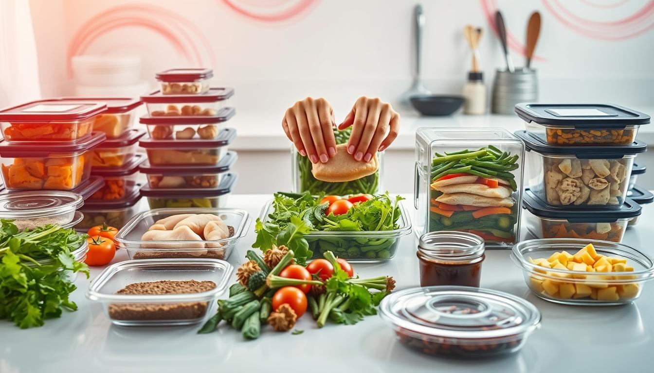 A modern, well-lit kitchen counter lined with various freezer-friendly containers, lids, and utensils. In the foreground, a collection of fresh ingredients - chicken breasts, vegetables, spices, and sauces - awaits assembly. In the middle ground, a person's hands skillfully portioning and layering the components into the containers, creating an organized, visually appealing arrangement. The background features a clean, minimalist aesthetic with subtle hints of vibrant, swirling colors that add a sense of energy and creativity to the scene. Bright, natural lighting casts a warm glow, emphasizing the efficiency and care of the meal prep process.