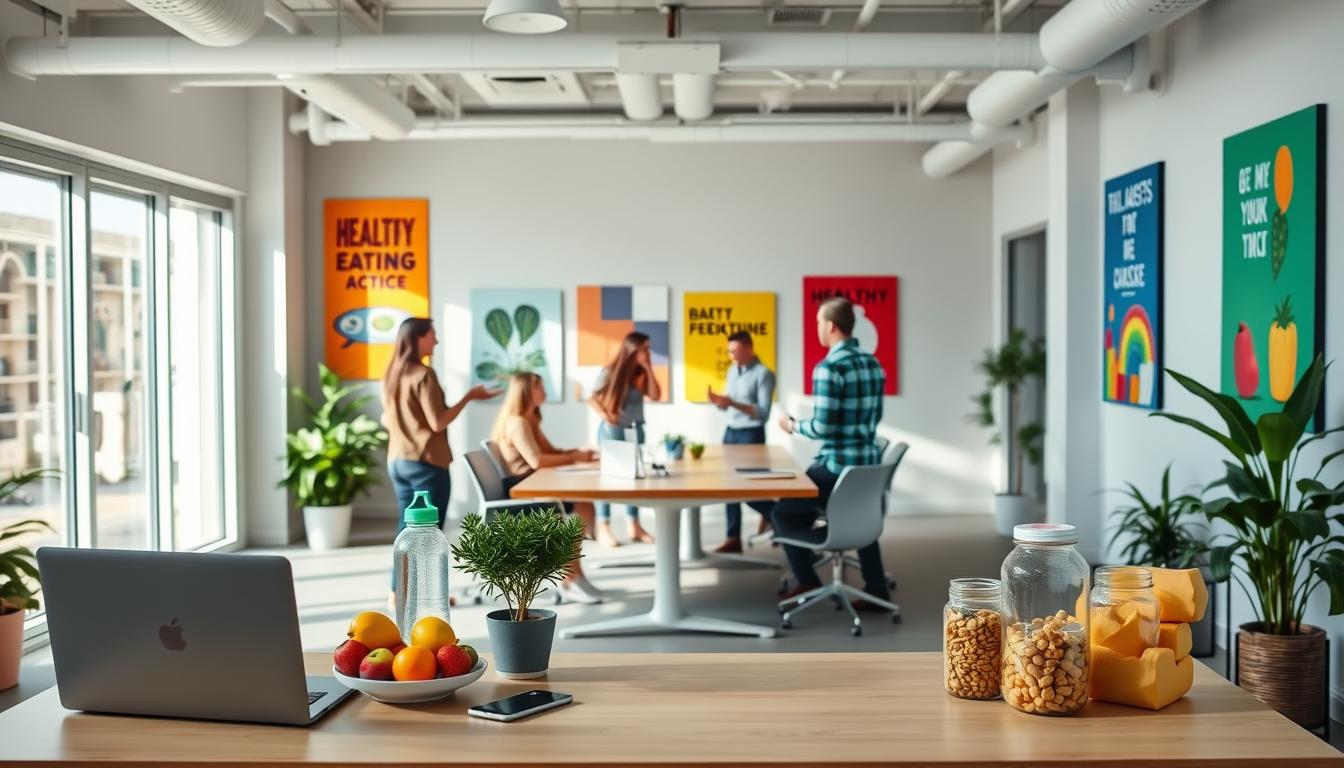 A modern, well-lit office interior with an airy, open-concept layout. In the foreground, a standing desk with a laptop, water bottle, and a small plant. On the desk, a plate of fresh fruit and a jar of healthy snacks. In the middle ground, employees engaged in group discussions around a central conference table, gesturing animatedly. The walls are adorned with vibrant, motivational posters promoting healthy eating and active lifestyle choices. Bright, natural light streams in through large windows, creating a vibrant, energetic atmosphere. The overall scene conveys a workplace that encourages and supports employees' well-being through strategic healthy choices. A modern, well-lit office interior with an airy, open-concept layout. In the foreground, a standing desk with a laptop, water bottle, and a small plant. On the desk, a plate of fresh fruit and a jar of healthy snacks. In the middle ground, employees engaged in group discussions around a central conference table, gesturing animatedly. The walls are adorned with vibrant, motivational posters promoting healthy eating and active lifestyle choices. Bright, natural light streams in through large windows, creating a vibrant, energetic atmosphere. The overall scene conveys a workplace that encourages and supports employees' well-being through strategic healthy choices.