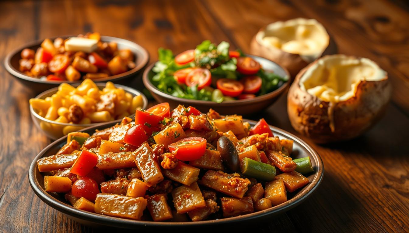 A mouthwatering array of delectable low-effort dishes, perfectly arranged on a rustic wooden table. In the foreground, a hearty stir-fry of tender vegetables and succulent protein, glistening with a savory sauce. Beside it, a creamy, effortless mac and cheese, its cheesy goodness oozing with every bite. In the middle, a simple yet satisfying salad, its vibrant greens and fresh-sliced tomatoes drizzled with a tangy vinaigrette. In the background, a steaming baked potato, its fluffy interior waiting to be adorned with a dollop of butter and a sprinkle of fragrant herbs. Warm, golden lighting casts a cozy glow over the scene, while a swirling of rich, vibrant colors adds depth and character to the composition.