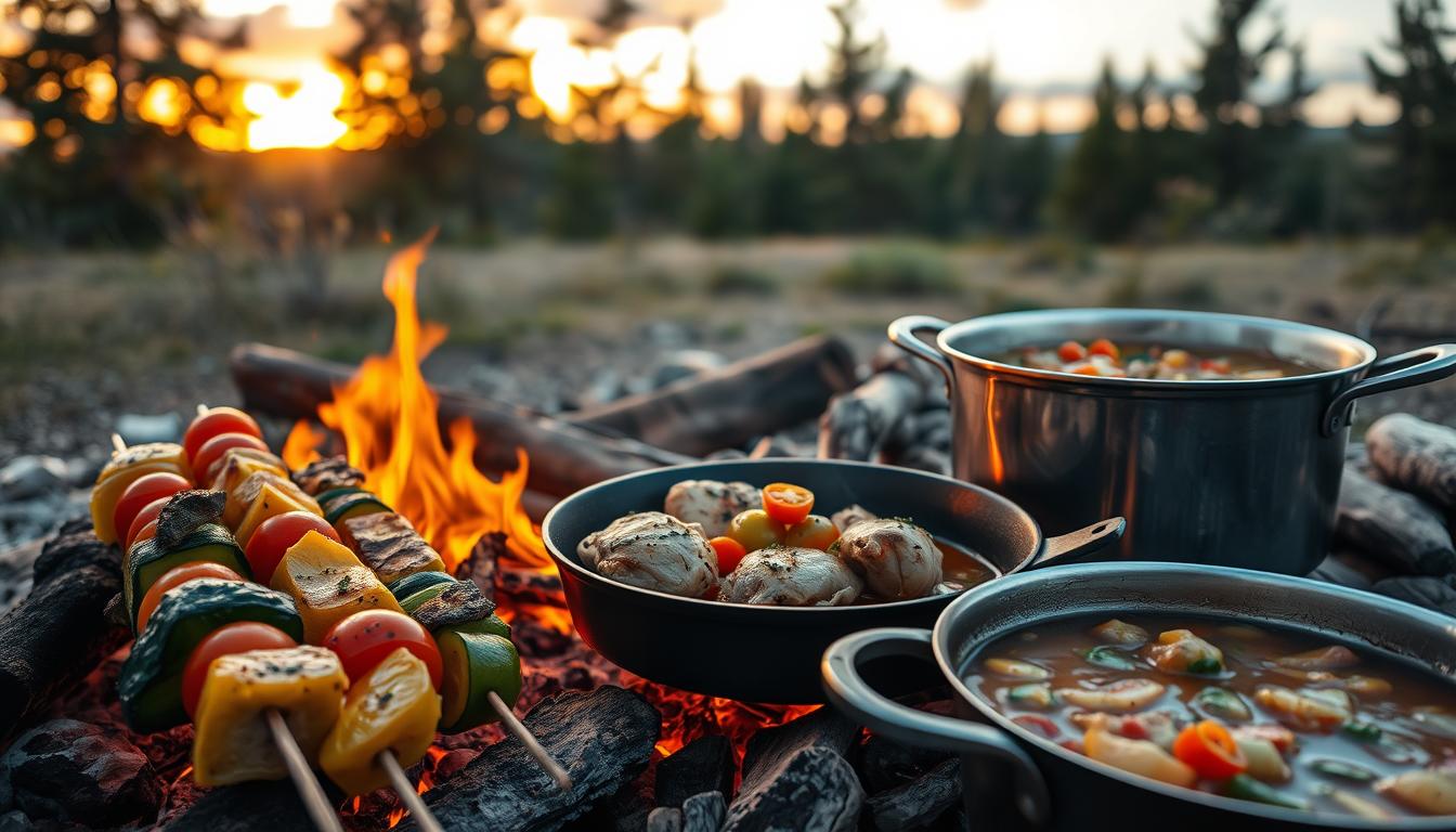 A mouthwatering campfire scene with a variety of healthy meal options sizzling over the flames. In the foreground, skewers of grilled vegetables - zucchini, bell peppers, and cherry tomatoes - emit tantalizing aromas. Beside them, a cast-iron pan sears juicy chicken thighs seasoned with earthy herbs. In the middle ground, a stainless steel pot bubbles with a hearty vegetable stew, its rich broth infused with the smoky essence of the campfire. The background features a picturesque setting, with towering pine trees framing a vibrant sunset sky, casting a warm, golden glow over the entire scene. The overall mood is one of nourishing, vibrant outdoor dining.