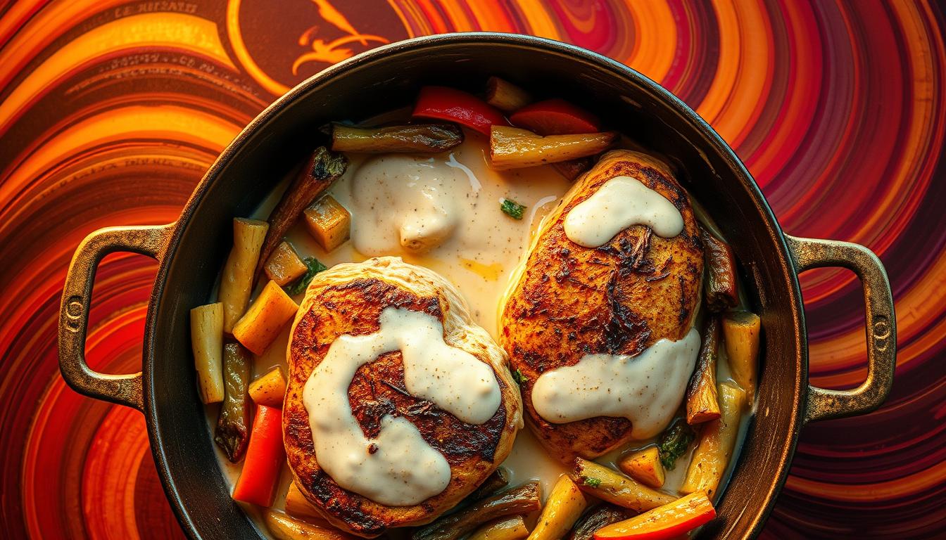 A mouthwatering skillet meal with seared chicken breasts, sautéed vegetables, and a creamy low-carb sauce. Warm, golden-brown lighting illuminates the dish, casting a cozy glow. The scene is captured from an overhead angle, showcasing the delectable ingredients in a visually appealing arrangement. Vibrant swirling colors in the background create a dynamic, appetizing atmosphere, drawing the viewer's attention to the simple yet flavorful dish.