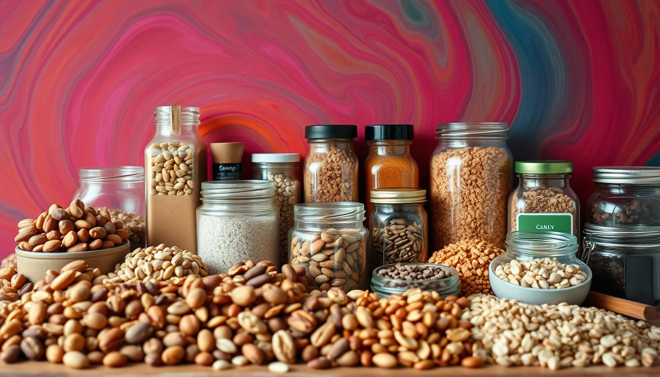 A neatly arranged assortment of low-carb pantry essentials against a vibrant, swirling backdrop of rich, saturated colors. In the foreground, a variety of nuts, seeds, and nut butters are displayed, each standing out with its unique texture and hue. In the middle ground, jars filled with low-carb sweeteners, spices, and extracts add depth and visual interest. The background features a mesmerizing swirl of complementary colors, creating a sense of movement and energy. The entire scene is captured with a crisp, high-resolution lens, ensuring every detail is clearly visible. The overall mood is one of abundance, wellness, and the promise of delicious, low-carb culinary creations.