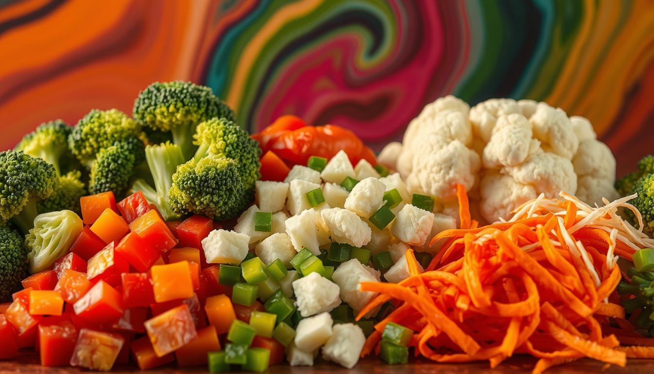 A neatly arranged selection of frozen vegetables, including broccoli florets, cauliflower chunks, diced bell peppers, and shredded carrots, set against a backdrop of vibrant swirling colors. The scene is illuminated by warm, diffused lighting, creating a sense of culinary inspiration and low-carb potential. The vegetables are captured in a crisp, close-up composition, emphasizing their fresh, nutrient-dense qualities, while the overall mood evokes a feeling of effortless, satisfying low-carb meal preparation. A neatly arranged selection of frozen vegetables, including broccoli florets, cauliflower chunks, diced bell peppers, and shredded carrots, set against a backdrop of vibrant swirling colors. The scene is illuminated by warm, diffused lighting, creating a sense of culinary inspiration and low-carb potential. The vegetables are captured in a crisp, close-up composition, emphasizing their fresh, nutrient-dense qualities, while the overall mood evokes a feeling of effortless, satisfying low-carb meal preparation.