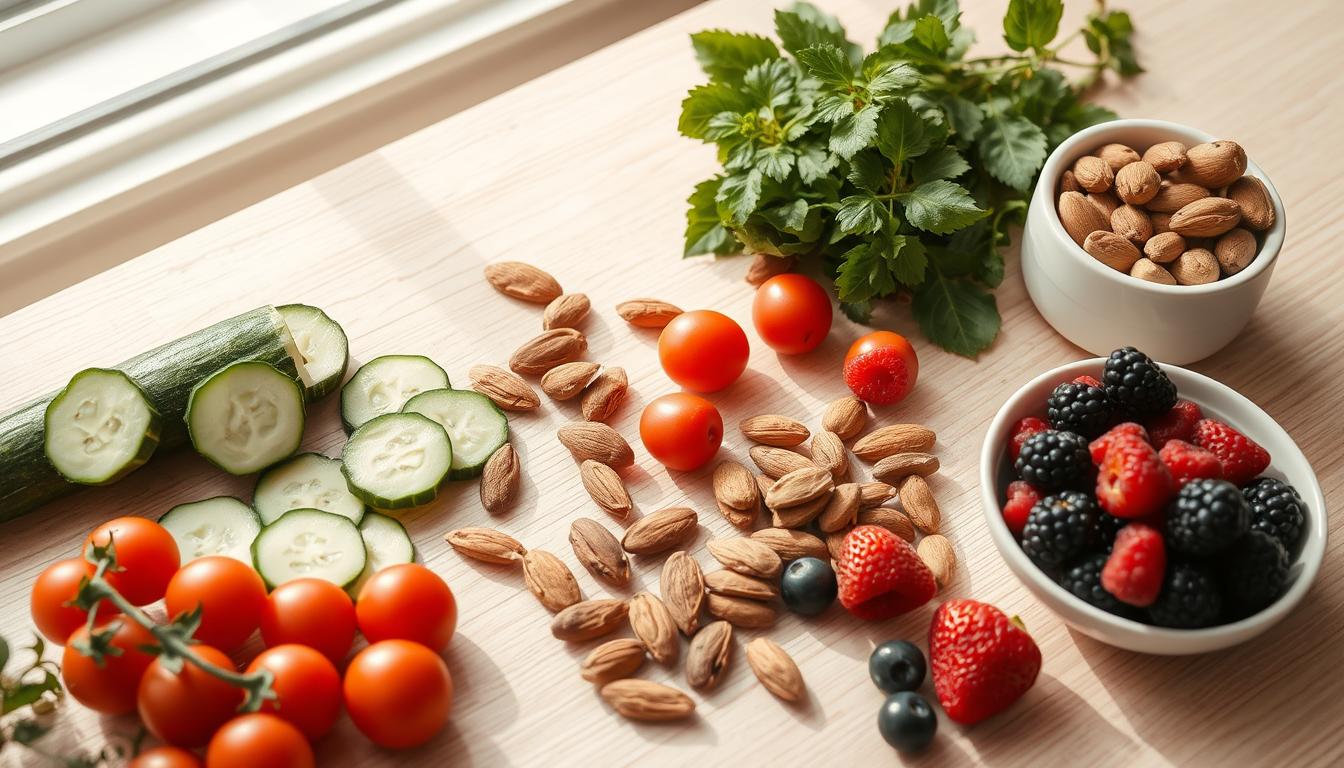 A neatly arranged spread of low-carb snack ingredients on a light wooden table, including sliced cucumber, cherry tomatoes, roasted almonds, and fresh berries. Soft natural lighting filters through a nearby window, casting a warm glow over the scene. The composition is balanced and inviting, showcasing the vibrant colors and textures of the healthy snacks. A sense of simplicity and wellness permeates the image, encouraging the viewer to pause and savor a moment of nourishing rejuvenation.