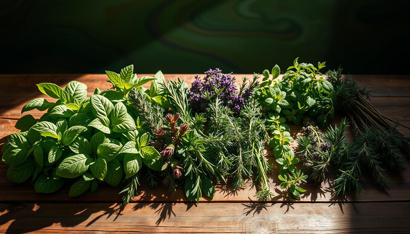 A neatly arranged still life showcasing an assortment of fresh herbs on a rustic wooden table. Vibrant swirling colors of green, purple, and earthy tones create a visually striking composition. An array of fragrant herbs such as basil, rosemary, thyme, and oregano are elegantly displayed, casting long shadows under dramatic lighting. The image conveys a sense of culinary inspiration, highlighting the essential role of herbs in elevating the flavors of low-carb meals. The overall mood is one of warmth, creativity, and the celebration of natural, wholesome ingredients.