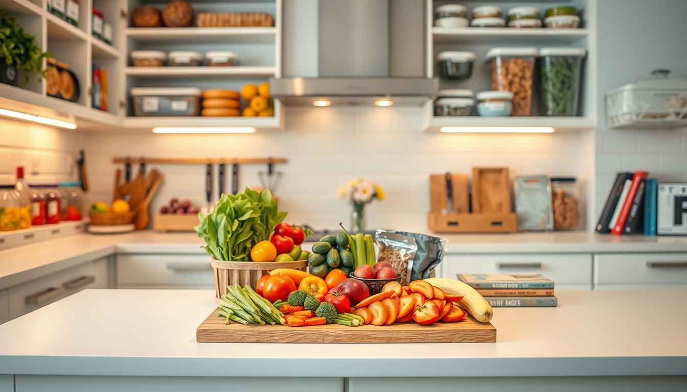 A neatly organized and well-stocked kitchen, with fresh produce, labeled storage containers, and a clean, bright atmosphere. Warm lighting illuminates the scene, accentuating the colors and textures of the ingredients. Shelves and drawers are meticulously arranged, creating a sense of order and control. In the center, a cutting board with a variety of healthy snacks - crisp vegetables, fresh fruit, and protein-rich options. The kitchen counter is clear, save for a few inspirational cookbooks and a small vase of flowers, exuding a calming, focused energy. The overall impression is one of a purposeful, craving-proof environment that empowers the viewer to make mindful, nutritious choices.
