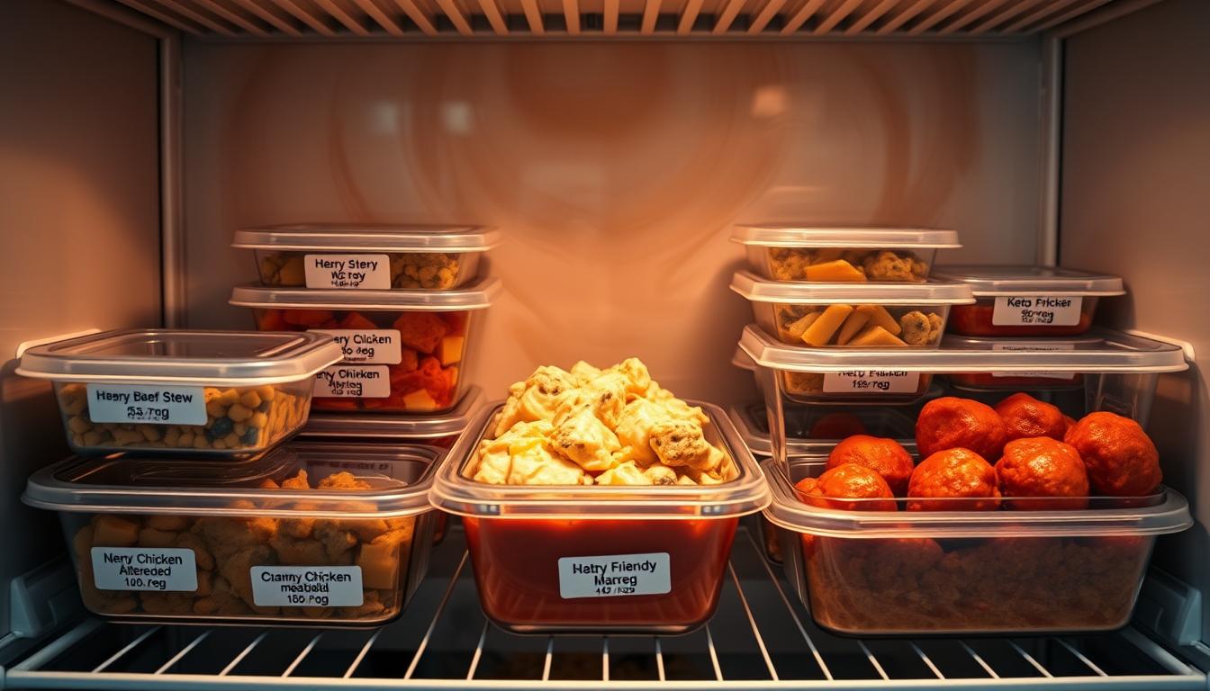 A neatly organized freezer shelf, filled with various keto-friendly meals: hearty beef stew, creamy chicken alfredo, and savory meatballs in a rich tomato sauce. The containers are labeled with their contents and macros, creating a visually appealing and practical meal-prepping station. The lighting is soft and warm, casting a cozy glow over the scene. The background features a vibrant swirling of muted, earthy tones, complementing the natural hues of the food. The overall atmosphere is one of efficiency, organization, and a commitment to a healthy, low-carb lifestyle.