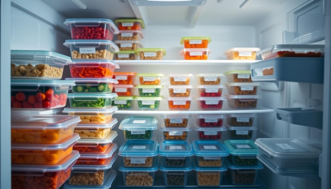 A neatly organized freezer with perfectly stacked low-carb meal containers, illuminated by soft natural lighting. The foreground showcases an array of colorful, vibrant meal prep containers, their lids translucent to reveal the contents within. In the middle ground, the freezer shelves are meticulously arranged, with each container labeled and strategically placed for easy access. The background blends a soft, hazy gradient of swirling colors, creating a calming, almost dreamlike atmosphere. The overall scene conveys a sense of efficiency, order, and a commitment to a low-carb lifestyle, inspiring the viewer to take control of their meal planning and stay on track, even on the laziest of days.