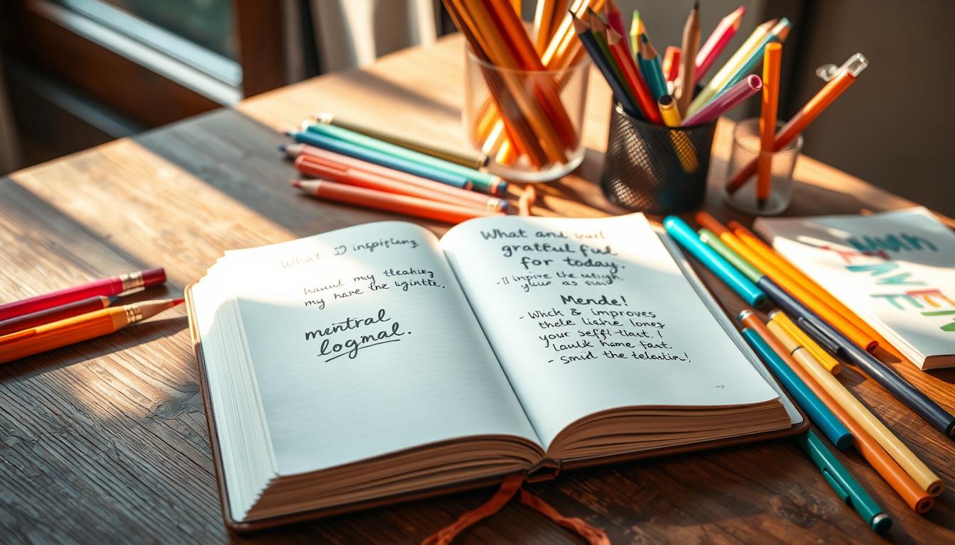 A neatly organized journal open on a rustic wooden table, surrounded by an array of colorful pens, pencils, and markers. The pages are adorned with handwritten prompts that inspire mental clarity, such as "What am I grateful for today?" and "How can I improve my self-care routine?" Warm, natural lighting filters through a nearby window, casting a soft, inviting glow on the scene. The atmosphere is vibrant, inviting, and conducive to a peaceful, introspective journaling session.