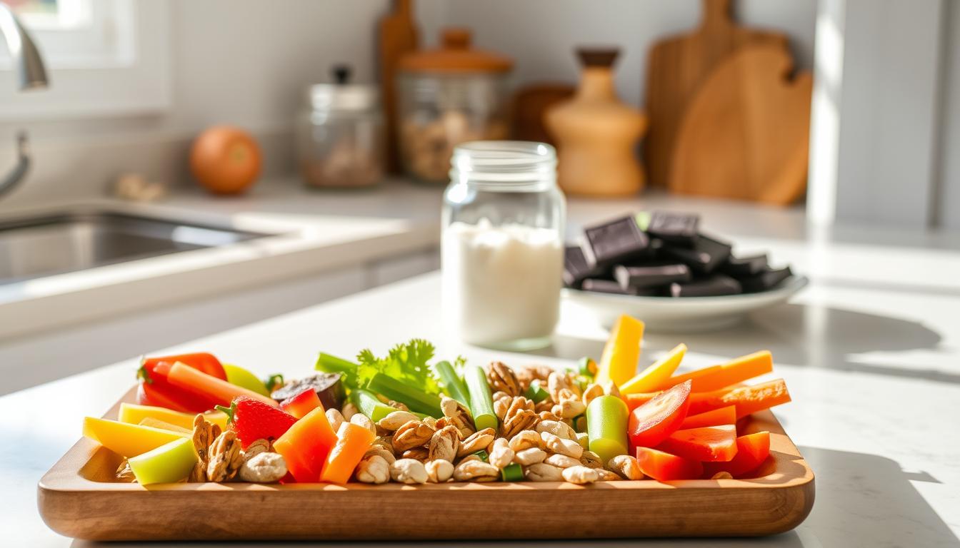 A neatly organized kitchen counter, sunlit and inviting, with an array of wholesome snacks strategically placed. In the foreground, a wooden tray holds an assortment of colorful fruits, raw nuts, and crisp vegetable sticks, their vibrant hues and textures beckoning. In the middle ground, a sleek glass jar filled with protein-rich Greek yogurt sits alongside a plate of dark chocolate squares. Filtered through a soft, natural light, the scene exudes a sense of balance and mindfulness, encouraging a thoughtful approach to snacking.