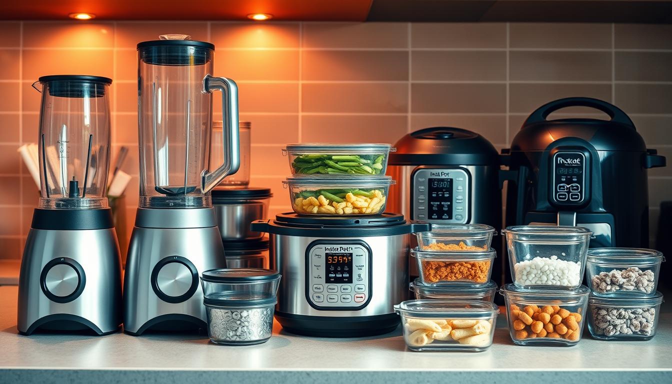 A neatly organized kitchen counter with a variety of low-carb meal prep equipment, including a high-quality blender, food processor, instant pot, air fryer, and glass storage containers, all bathed in warm, vibrant lighting. The equipment is arranged in a visually appealing way, hinting at the healthy, flavorful meals that can be created with these tools. The overall scene conveys a sense of efficiency, simplicity, and a commitment to a low-carb lifestyle.