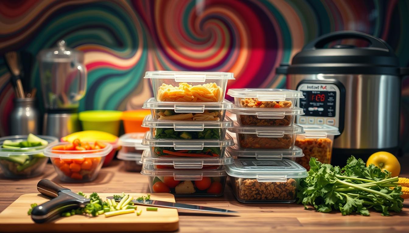 A neatly organized kitchen counter with an array of colorful containers, fresh ingredients, and efficient meal prep tools. In the foreground, a cutting board with chopped vegetables and a sharp knife. Behind it, a blender, a food processor, and an Instant Pot, all poised to streamline the cooking process. The middle ground features a stack of portioned-out meals in airtight containers, ready to be frozen for quick and healthy dinners. In the background, a shimmering backdrop of vibrant swirling colors, creating a sense of energy and purpose. Soft, directional lighting illuminates the scene, highlighting the textures and details of the various kitchen items. The overall atmosphere conveys a sense of efficiency, organization, and a commitment to making low-carb meal prep a breeze, even on the laziest of days.