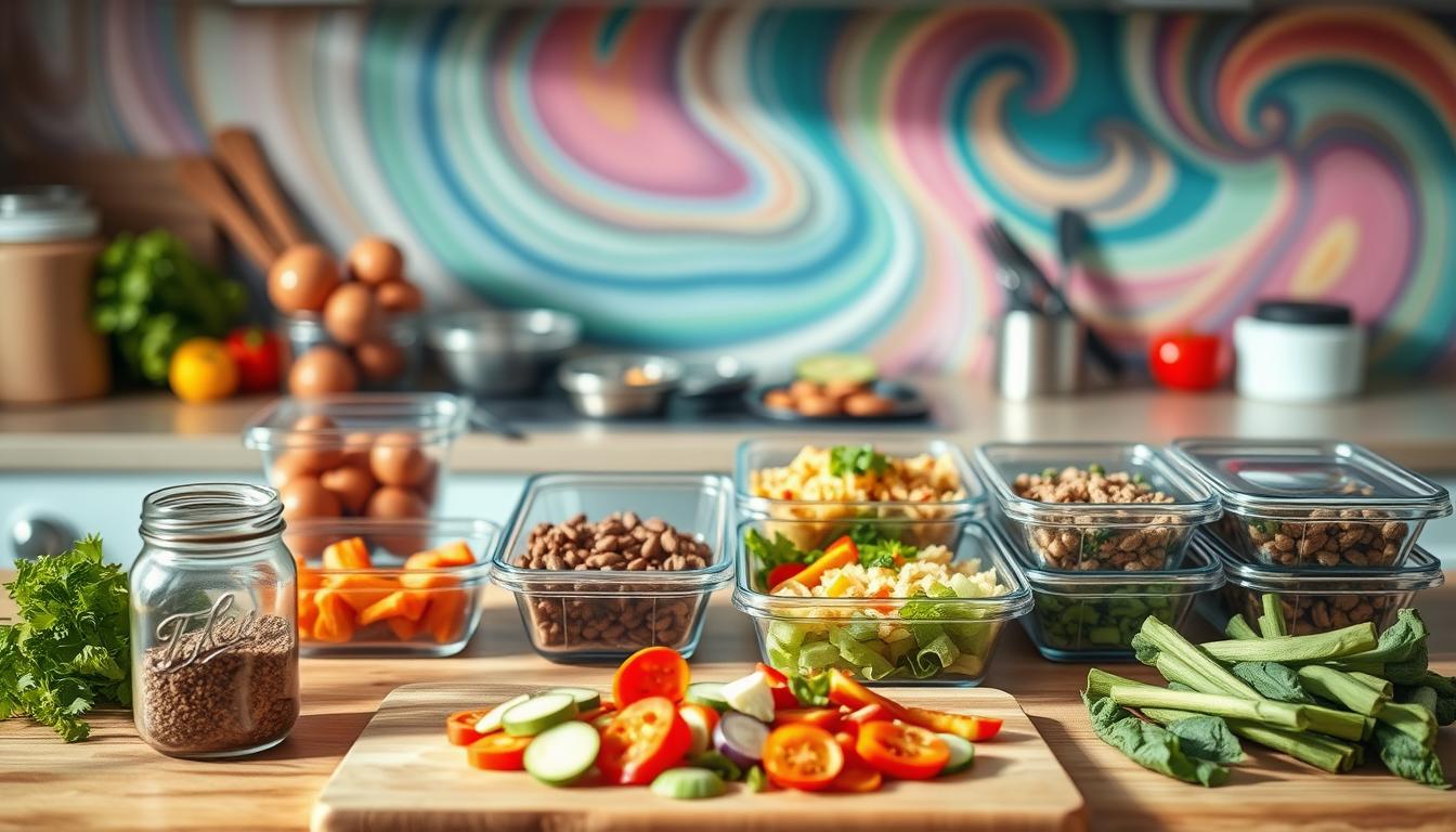 A neatly organized kitchen counter with various meal prep containers, fresh produce, and cooking utensils arranged in a visually appealing manner. The lighting is soft and natural, creating a warm, inviting atmosphere. In the foreground, a cutting board with sliced vegetables and a jar of spices, suggesting the easy preparation of a healthy, low-carb meal. The middle ground features a selection of colorful, portioned-out dishes, each showcasing a different simple recipe. The background has a blurred, vibrant swirling color pattern, adding a dynamic visual element to the scene. The overall composition conveys the idea of budget-friendly, time-saving meal prep strategies for the chronically busy.