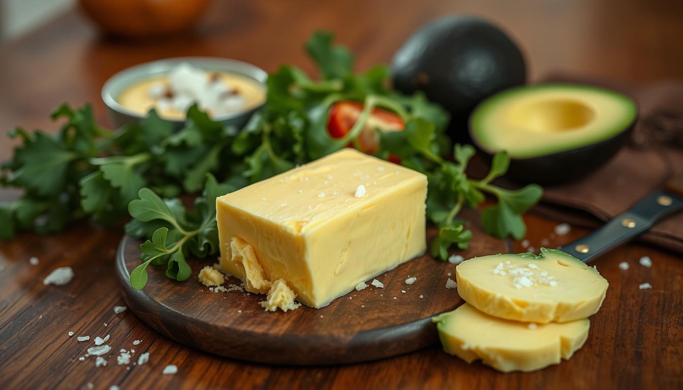 A nourishing keto-friendly spread on a wooden table, featuring a dollop of creamy, golden-hued butter accompanied by fresh greens, avocado slices, and a sprinkle of sea salt. The scene is bathed in warm, vibrant lighting, creating a cozy, inviting atmosphere. The arrangement showcases the versatility of butter within a low-carb, high-fat dietary lifestyle, highlighting its health benefits and culinary versatility.