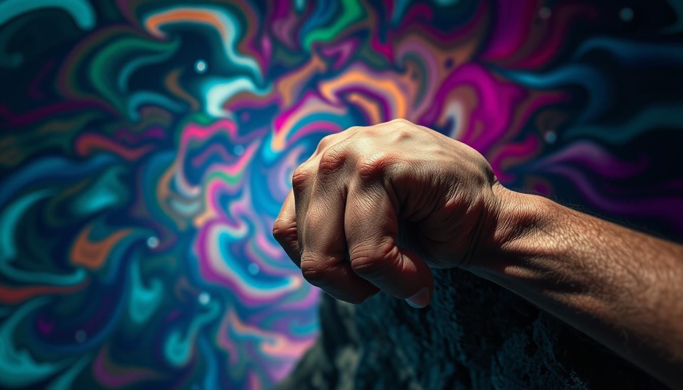A pair of hands gripping the edge of a cliff, struggling to resist the temptation of giving in to the alluring abyss below. The hands are rendered in hyperrealistic detail, the veins and tendons strained with the effort of holding on. The background is a swirling kaleidoscope of vibrant colors, creating a sense of dizzying distraction and inner turmoil. Dramatic chiaroscuro lighting casts deep shadows, emphasizing the precarious nature of the situation. The composition is framed at a dramatic, high-angle perspective, adding to the feeling of vertigo and the overwhelming challenge of resisting temptation.