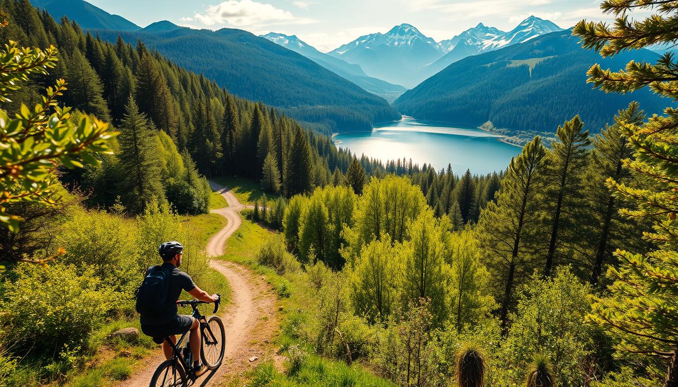A panoramic vista of a lush, verdant forest, sun-dappled trails winding through the foliage. In the foreground, a cyclist pedals effortlessly, exhilaration etched on their face as they carve through the undulating terrain. The mid-ground showcases a tranquil lake, its mirror-like surface reflecting the vibrant greens and blues of the surrounding landscape. In the distance, towering mountain peaks pierce the horizon, their snow-capped summits glimmering under the warm, vibrant light. The scene radiates a sense of freedom, peace, and the rejuvenating power of outdoor exercise, capturing the mental health benefits of cycling in a natural, serene setting.