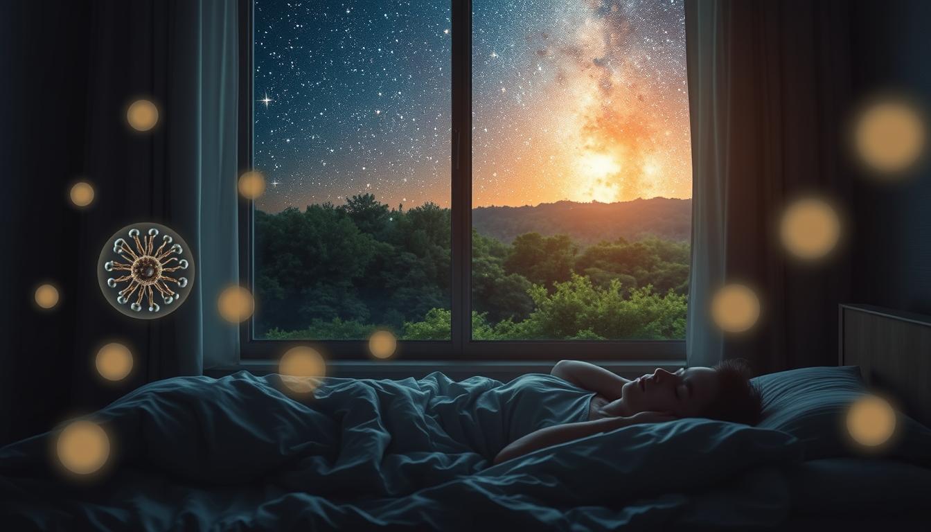 A peaceful, dimly lit bedroom scene with a sleeping person in the foreground, surrounded by glowing orbs of light representing the biological processes that occur during sleep and their impact on longevity. In the middle ground, a window overlooks a lush, verdant landscape, symbolizing the rejuvenating effects of quality sleep. The background features a starry, vibrant night sky, conveying the cosmic significance of sleep for overall well-being and lifespan. Soft, warm lighting illuminates the scene, creating a serene and introspective atmosphere.