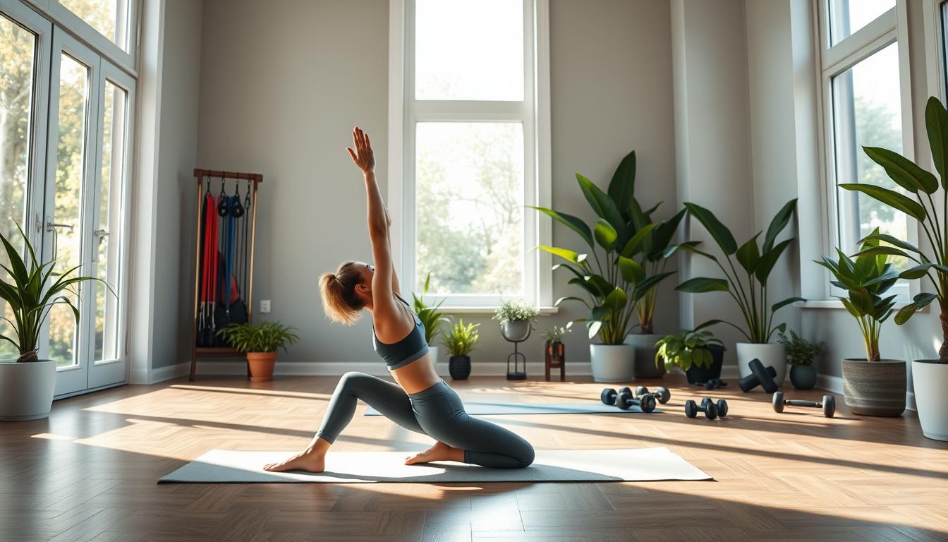 A peaceful home gym with natural light filtering through large windows, showcasing a person performing a yoga pose on a comfortable mat. The scene exudes a sense of tranquility and balance, with carefully selected fitness equipment like resistance bands and dumbbells neatly arranged in the background. Vibrant plants and a clean, minimalist decor create a serene, sustainable atmosphere, inspiring the viewer to embrace a holistic, long-term approach to their fitness routine.