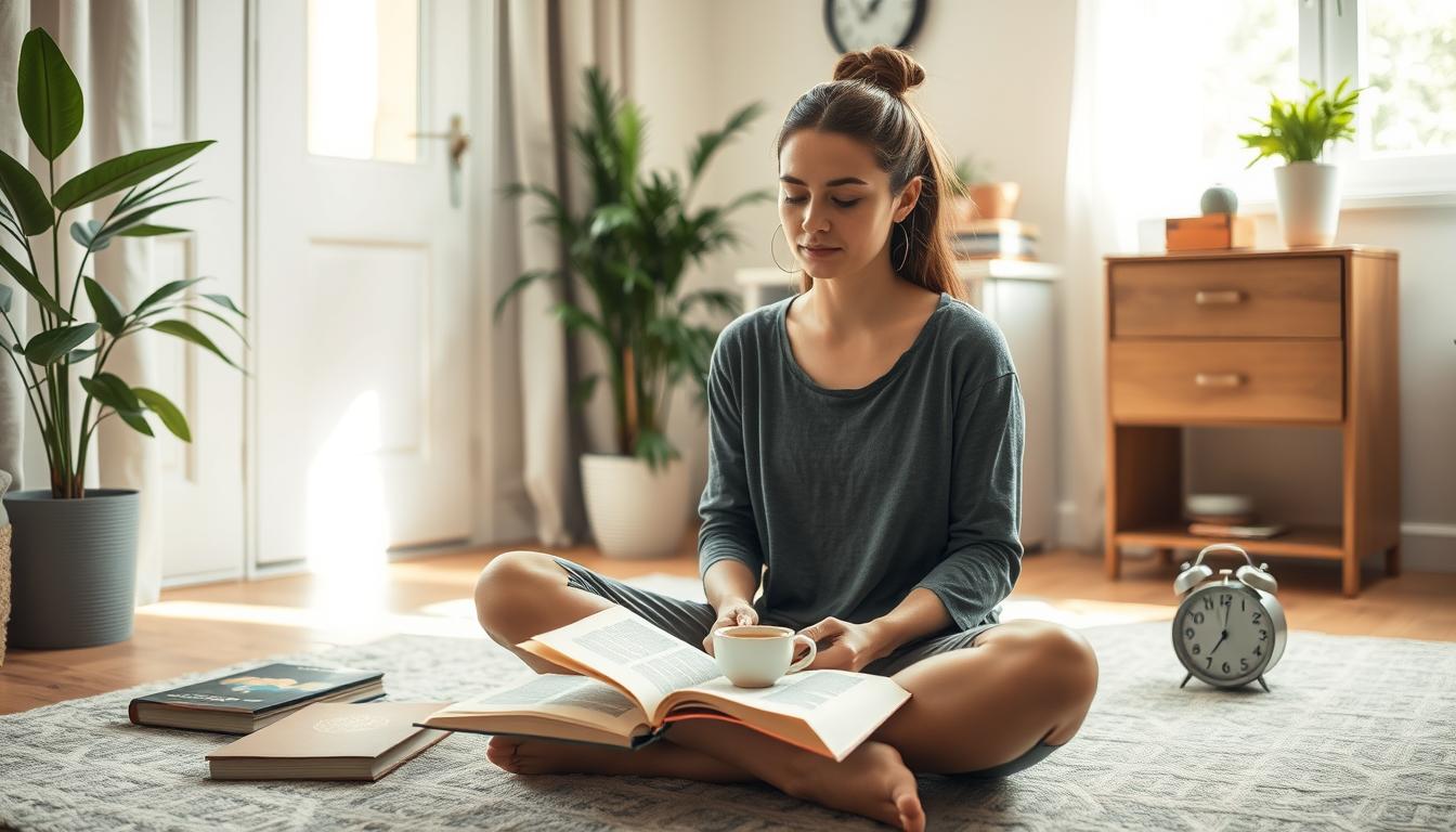 A peaceful home interior with a person sitting cross-legged on the floor, surrounded by various everyday objects - a book, a cup of tea, a plant, and a clock. The person is focused and engaged, seemingly in the process of replacing an old habit with a new, healthier one. The lighting is soft and diffused, creating a calming and vibrant atmosphere. The scene evokes a sense of mindfulness, intentionality, and the gradual, gentle process of habit transformation. A peaceful home interior with a person sitting cross-legged on the floor, surrounded by various everyday objects - a book, a cup of tea, a plant, and a clock. The person is focused and engaged, seemingly in the process of replacing an old habit with a new, healthier one. The lighting is soft and diffused, creating a calming and vibrant atmosphere. The scene evokes a sense of mindfulness, intentionality, and the gradual, gentle process of habit transformation.