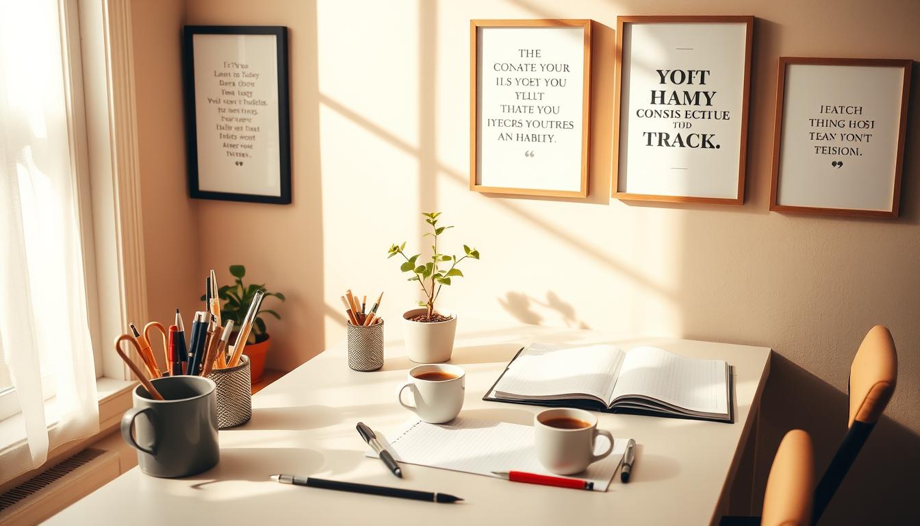 A peaceful home office, bathed in warm, natural light. On the desk, a meticulously organized array of writing implements, a cup of coffee, and a daily planner - the physical embodiment of consistent habits. The walls display framed motivational quotes, inspiring the occupant to stay focused and on track. In the corner, a small plant thrives, symbolizing the growth that comes from a steady, vibrant routine. Soft, earthy tones create a calming atmosphere, inviting the viewer to imagine themselves settling into this space, ready to tackle the day's tasks with discipline and determination. A peaceful home office, bathed in warm, natural light. On the desk, a meticulously organized array of writing implements, a cup of coffee, and a daily planner - the physical embodiment of consistent habits. The walls display framed motivational quotes, inspiring the occupant to stay focused and on track. In the corner, a small plant thrives, symbolizing the growth that comes from a steady, vibrant routine. Soft, earthy tones create a calming atmosphere, inviting the viewer to imagine themselves settling into this space, ready to tackle the day's tasks with discipline and determination.