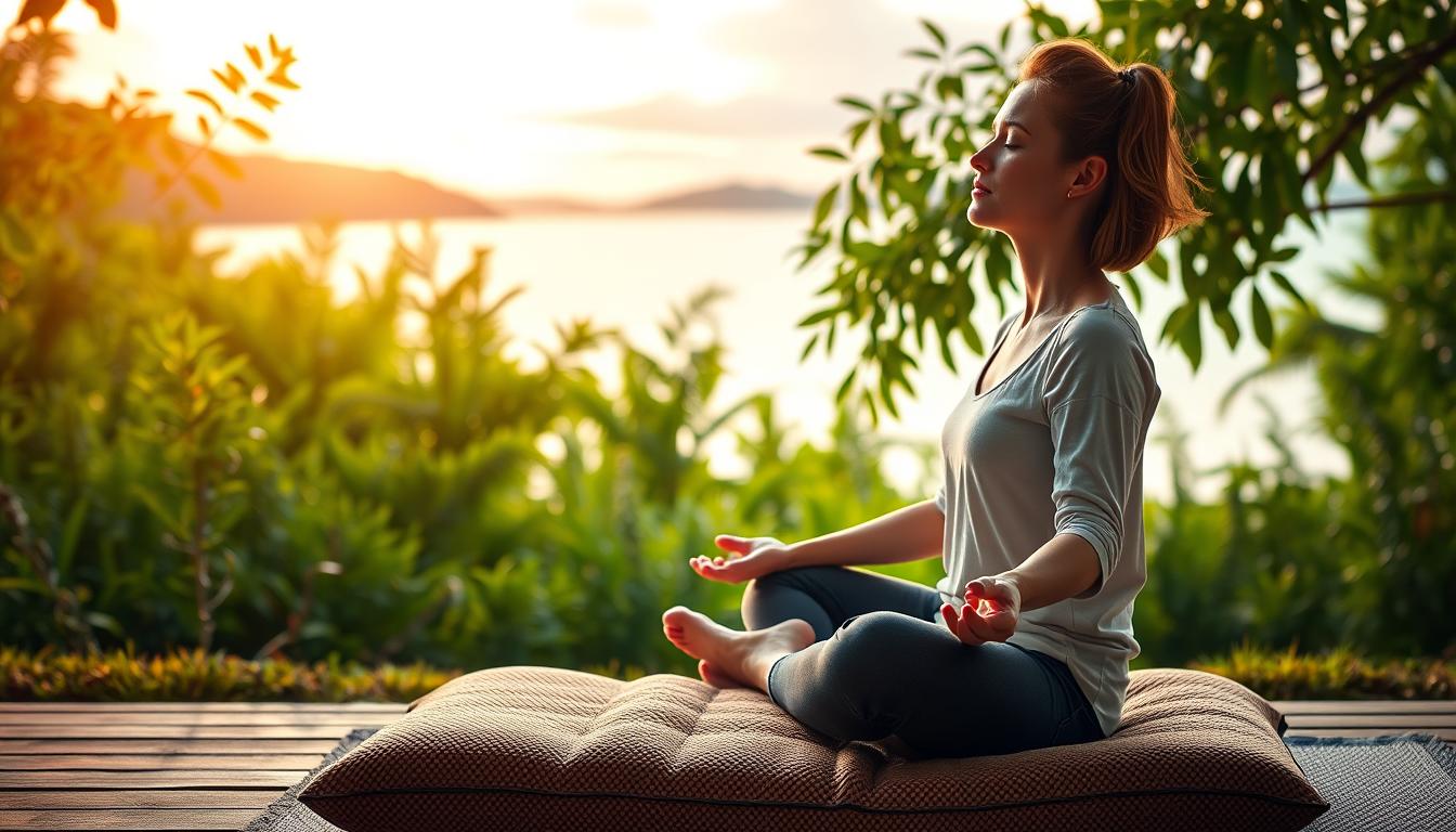 A peaceful meditation posture set against a serene, vibrant landscape. In the foreground, a person sits cross-legged on a plush, textured meditation cushion, their eyes closed and their palms resting gently on their knees. Warm, diffused lighting bathes the scene, creating a calming atmosphere. In the middle ground, lush, verdant foliage sways gently in a soft breeze, while in the background, a tranquil body of water reflects the vibrant hues of the sky. The overall scene evokes a sense of inner calm, focus, and connection with the natural world.