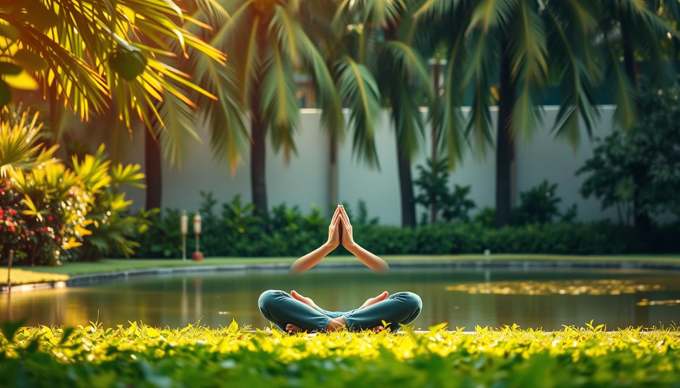 A peaceful, serene garden scene with lush foliage and a tranquil pond. In the foreground, a person sits cross-legged, eyes closed, hands resting on their knees as they practice deep, focused breathing. The lighting is soft and vibrant, casting a warm, golden glow across the scene. The background features a row of tall, swaying trees, their leaves rustling gently in a light breeze. The overall atmosphere is one of calm, rejuvenation, and the profound benefits of breathwork.