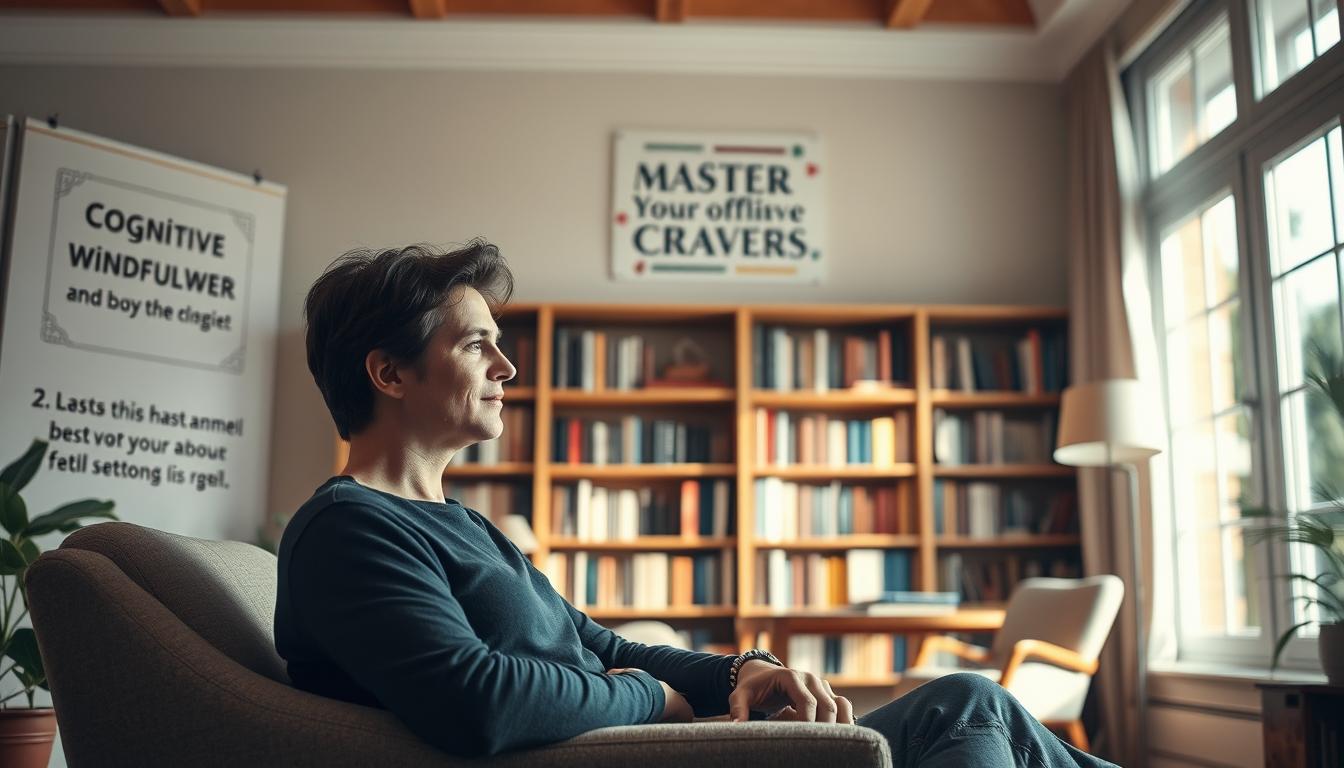 A peaceful study with a focus on cognitive restructuring strategies. In the foreground, a person sits in a comfortable armchair, deep in thought, their expression serene and determined. On the walls, inspirational phrases and diagrams illustrate techniques for mastering willpower, such as mindfulness, reframing negative thoughts, and goal-setting. Soft, vibrant lighting filters through large windows, creating a contemplative atmosphere. The background features a cozy, well-organized library, hinting at the depth of knowledge available for the journey of self-improvement. Overall, the scene conveys a sense of clarity, empowerment, and the tools necessary for overcoming cravings through thoughtful, strategic approaches. A peaceful study with a focus on cognitive restructuring strategies. In the foreground, a person sits in a comfortable armchair, deep in thought, their expression serene and determined. On the walls, inspirational phrases and diagrams illustrate techniques for mastering willpower, such as mindfulness, reframing negative thoughts, and goal-setting. Soft, vibrant lighting filters through large windows, creating a contemplative atmosphere. The background features a cozy, well-organized library, hinting at the depth of knowledge available for the journey of self-improvement. Overall, the scene conveys a sense of clarity, empowerment, and the tools necessary for overcoming cravings through thoughtful, strategic approaches.