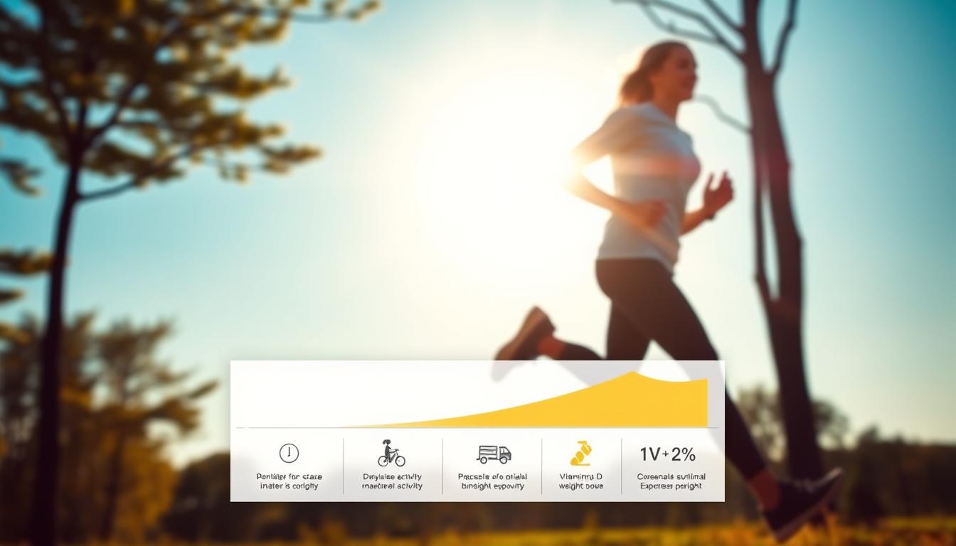 A person jogging in a sunlit park, accompanied by a chart depicting the synergistic relationship between exercise, sunlight exposure, and weight loss. The runner's silhouette is crisp against a blurred background of swaying trees and a clear blue sky. Subtle light rays emanate from the sun, casting a warm, energizing glow over the scene. In the foreground, a floating infographic showcases icons and data visualizations that illustrate how various lifestyle factors, such as physical activity and vitamin D intake, can be combined for optimal weight management. The overall atmosphere is vibrant, motivating, and visually compelling.