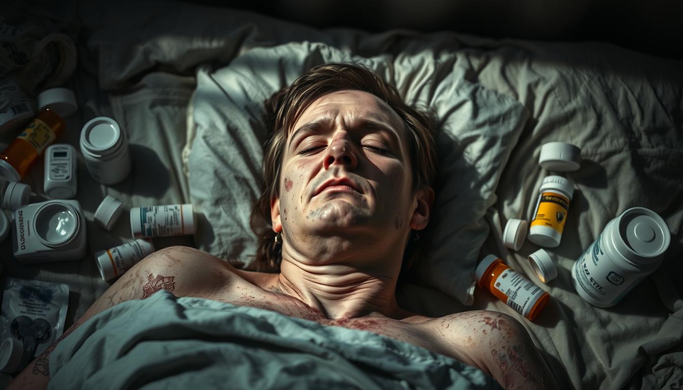 A person lying in bed, visibly unwell, their face pale and sunken, eyes glazed over. Their skin is splotchy, with rashes and discoloration. Around them, an array of medical supplies and prescriptions, symbolizing the struggle against heavy metal toxicity. The atmosphere is somber, with muted lighting casting shadows that accentuate the subject's distress. The scene evokes a sense of the physical and emotional toll of heavy metal poisoning, conveying the need for effective detoxification measures.