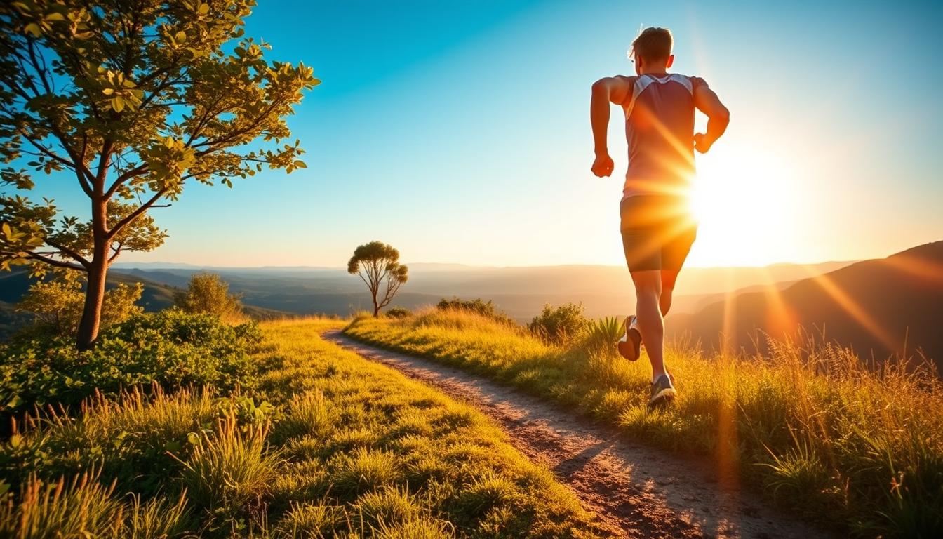A person navigating a vibrant, sun-dappled trail, their stride energetic and purposeful. The foreground features a jogger in athletic wear, their silhouette sharp against the golden morning light. In the middle ground, lush greenery and a winding path lead the eye towards the horizon. The background showcases a breathtaking vista, with rolling hills and a clear, azure sky. The scene is imbued with a sense of clarity and rejuvenation, capturing the essence of an invigorating morning outdoor adventure.